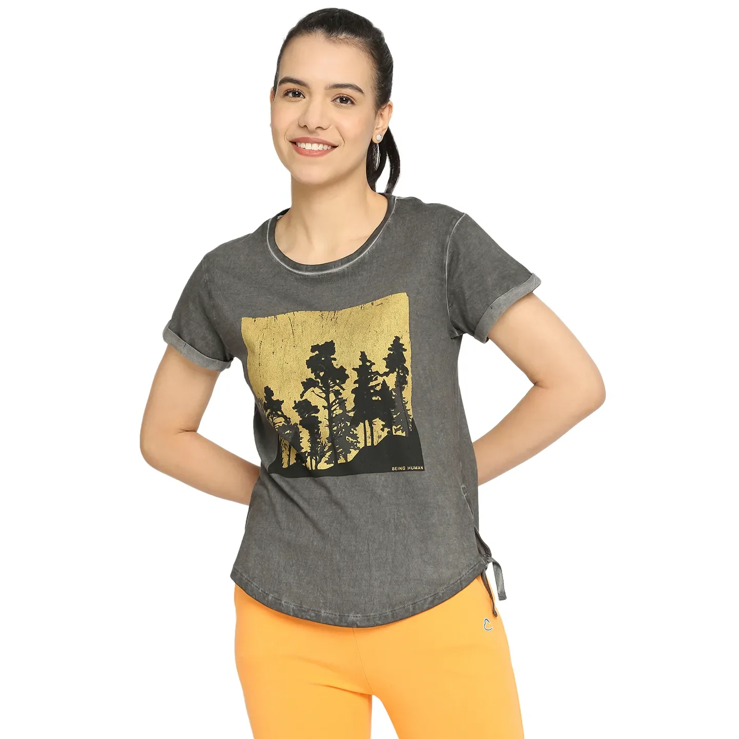 Grey Easy Fit Round Neck Short Sleeves Cotton Women's T-Shirt by Being Human Clothing