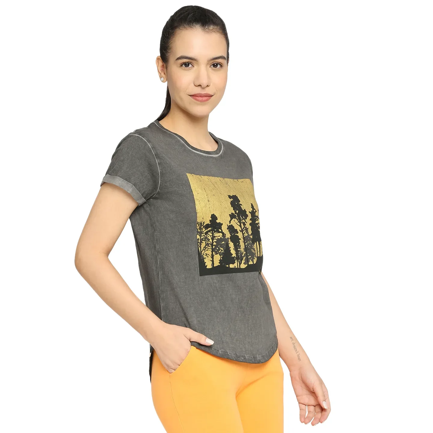 Grey Easy Fit Round Neck Short Sleeves Cotton Women's T-Shirt by Being Human Clothing - Image 3