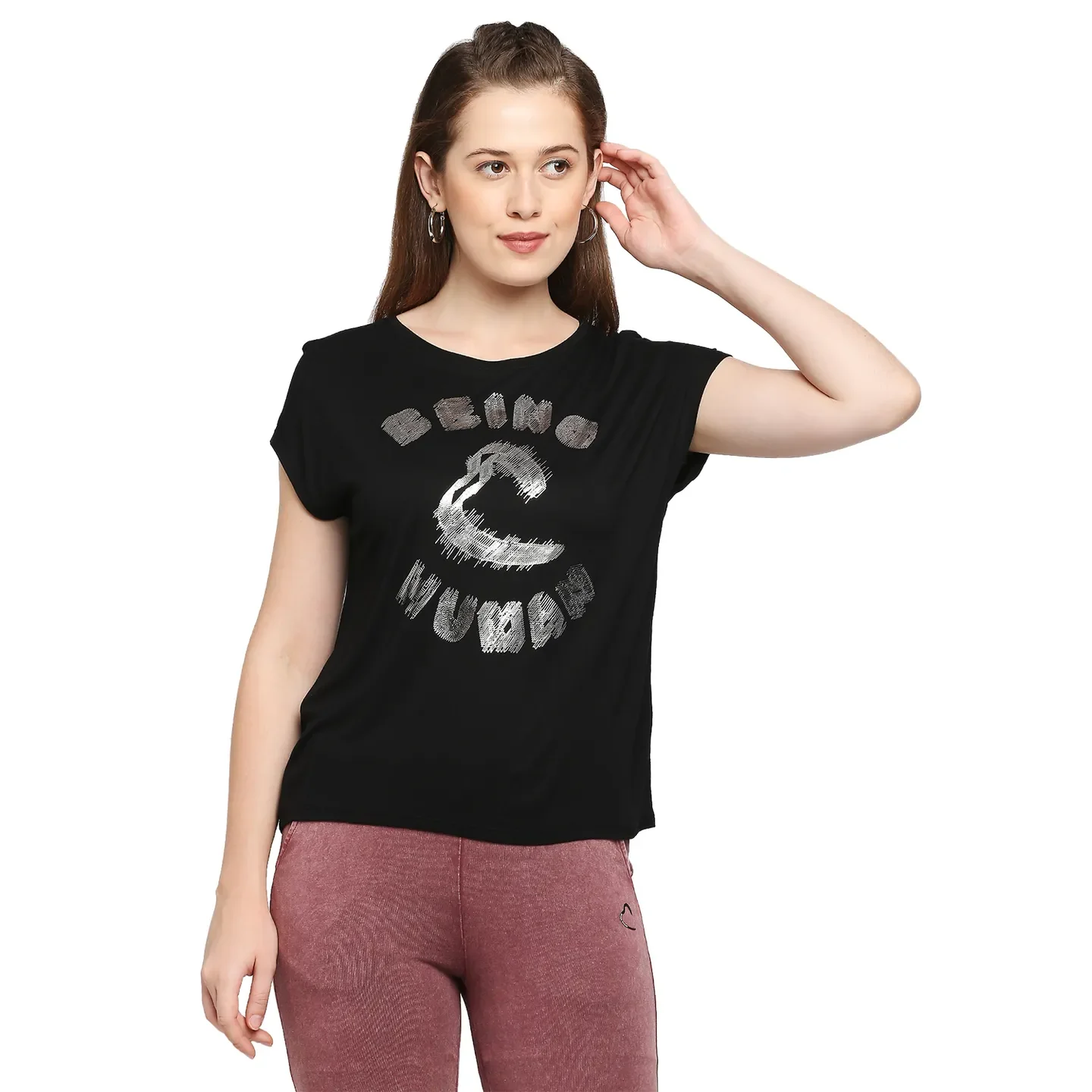 Black Easy Fit Round Neck Short Sleeves Micro Pique Women's T-Shirt by Being Human Clothing