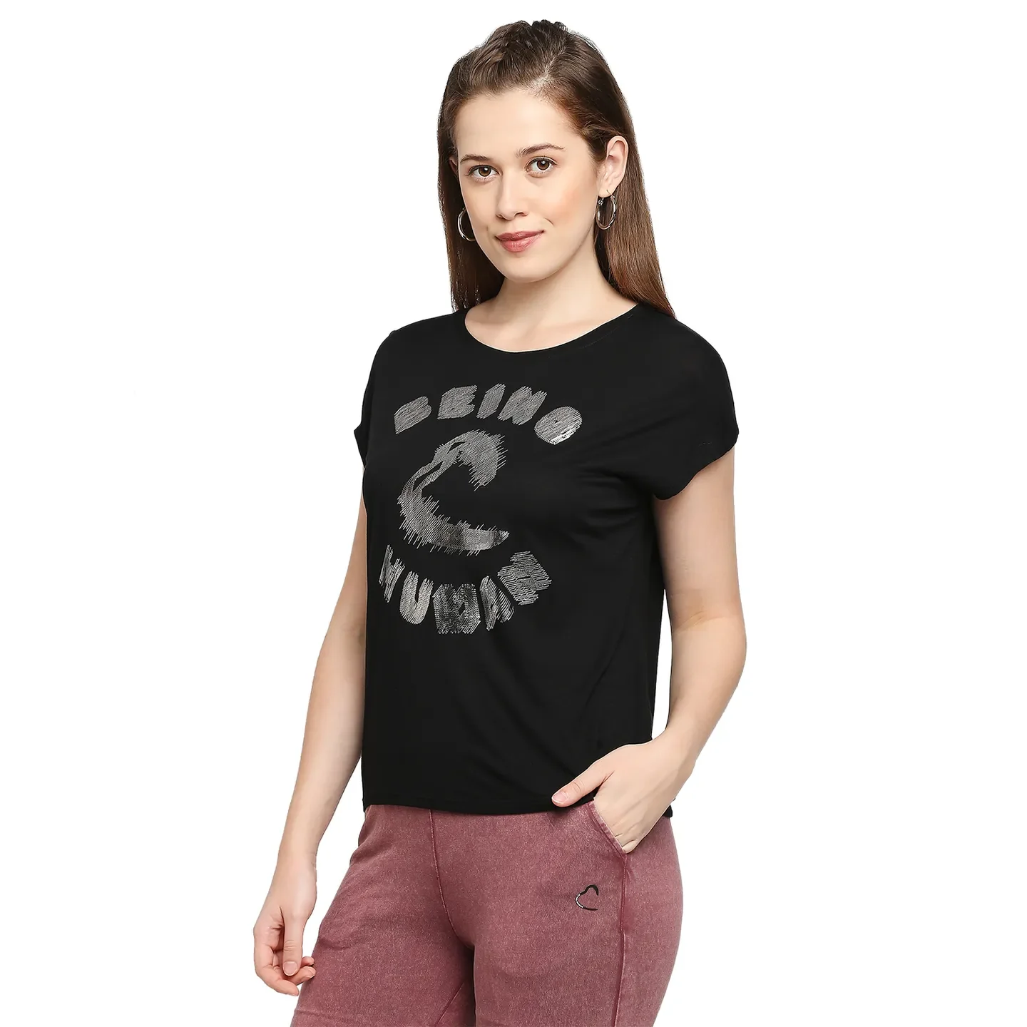 Black Easy Fit Round Neck Short Sleeves Micro Pique Women's T-Shirt by Being Human Clothing - Image 2