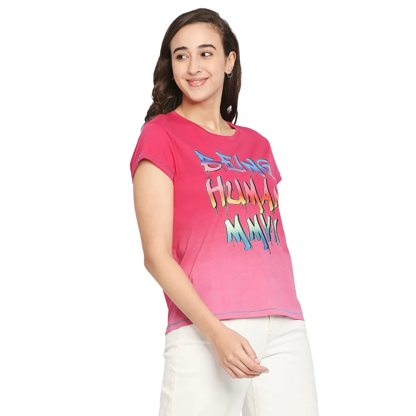 Pink Easy Fit Round Neck Short Sleeves Cotton Women's T-Shirt by Being Human Clothing - Image 3