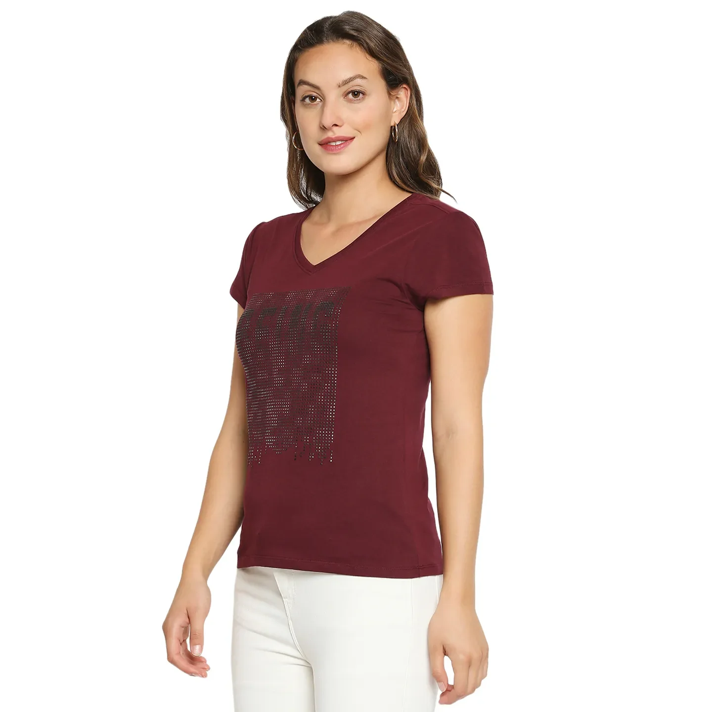 Red Easy Fit Round Neck Short Sleeves Cotton Women's T-Shirt by Being Human Clothing - Image 2