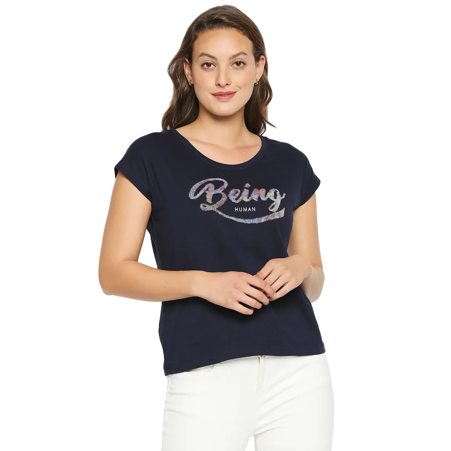 Blue Easy Fit Round Neck Extended Sleeves Cotton Women's T-Shirt by Being Human Clothing