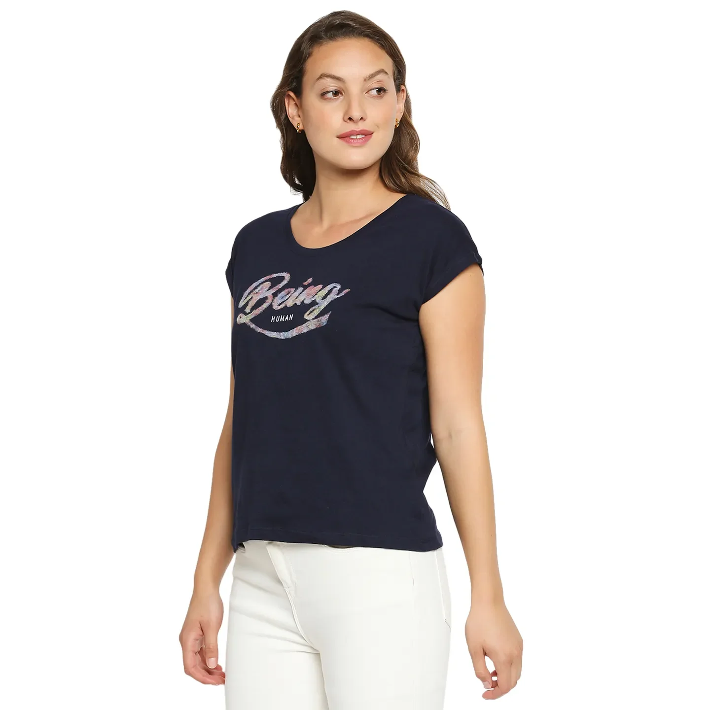 Blue Easy Fit Round Neck Extended Sleeves Cotton Women's T-Shirt by Being Human Clothing - Image 4