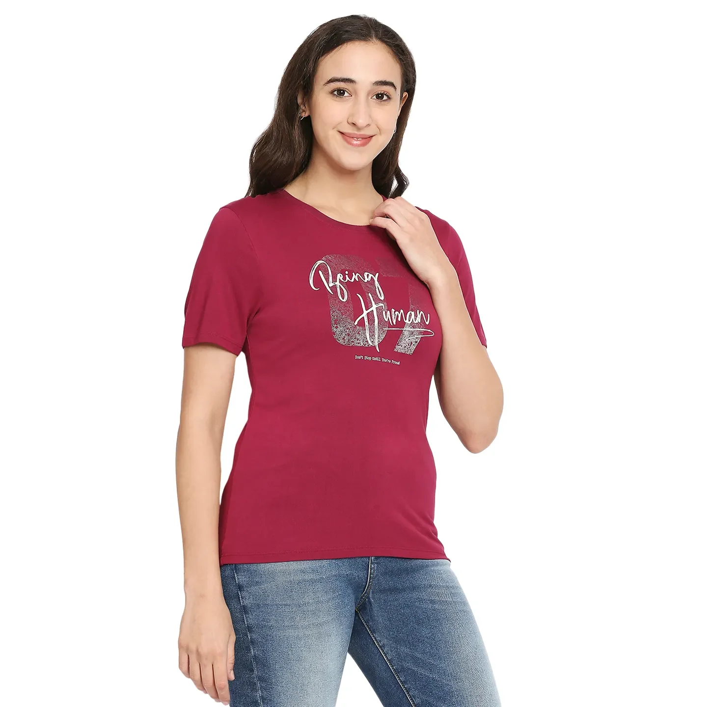 Red Easy Fit Round Neck Short Sleeves Modal Women's T-Shirt by Being Human Clothing - Image 3