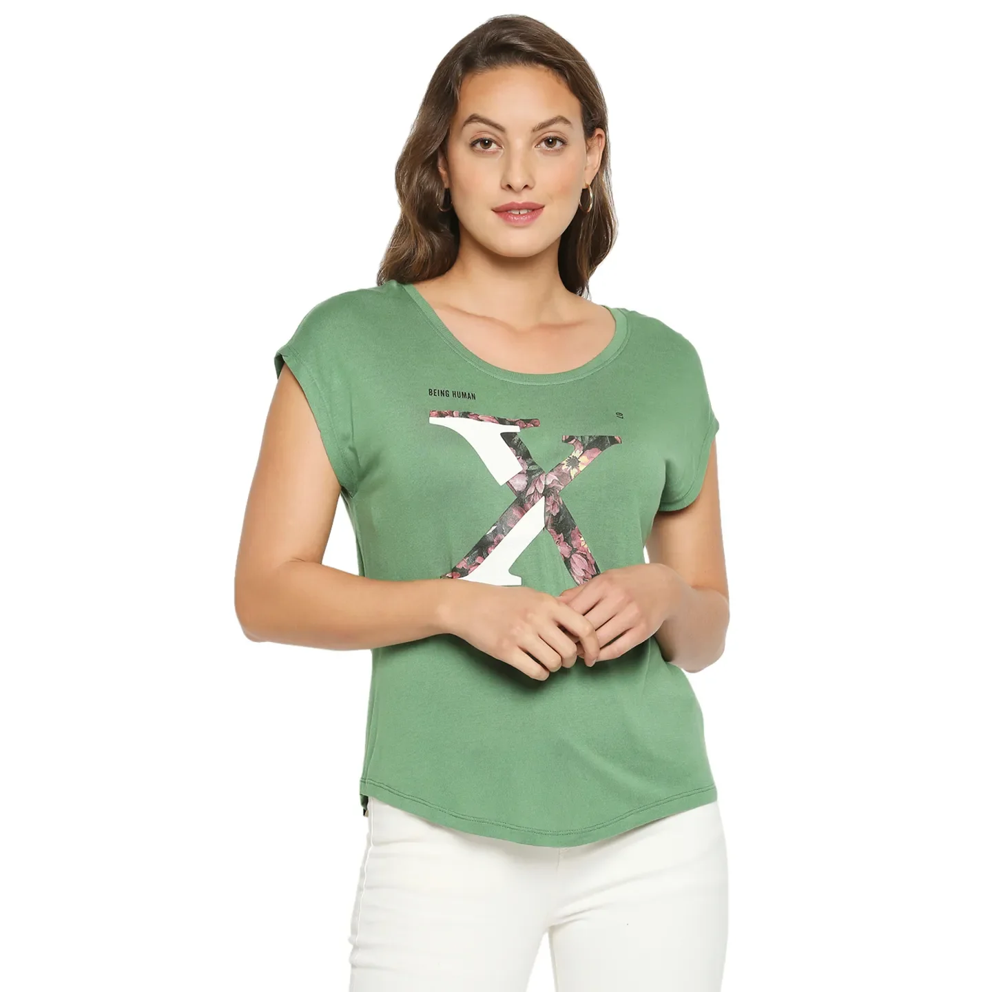 Green Easy Fit Round Neck Extended Sleeves Modal Jersey Women's T-Shirt by Being Human Clothing