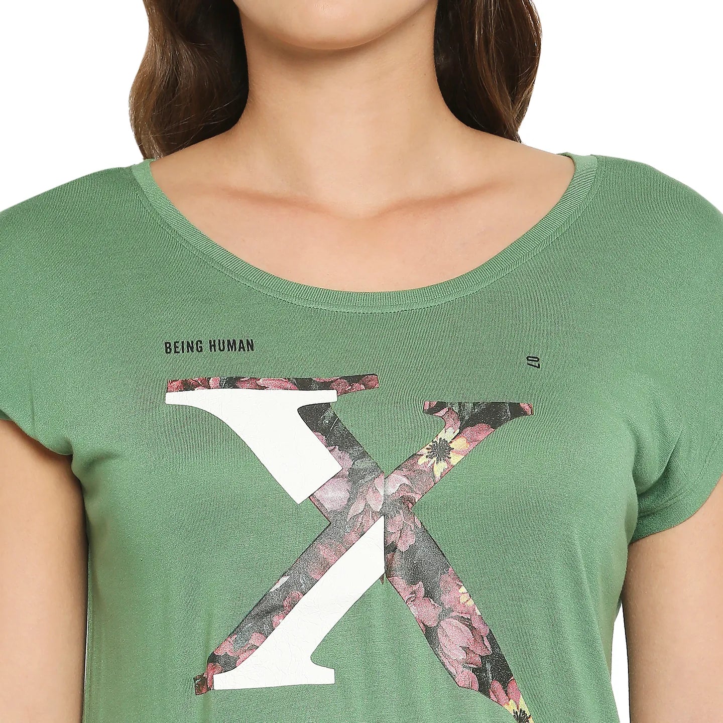 Green Easy Fit Round Neck Extended Sleeves Modal Jersey Women's T-Shirt by Being Human Clothing - Image 5