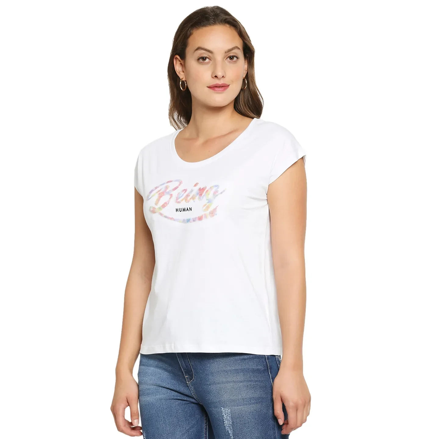 White Easy Fit Round Neck Extended Sleeves Cotton Women's T-Shirt by Being Human Clothing - Image 4
