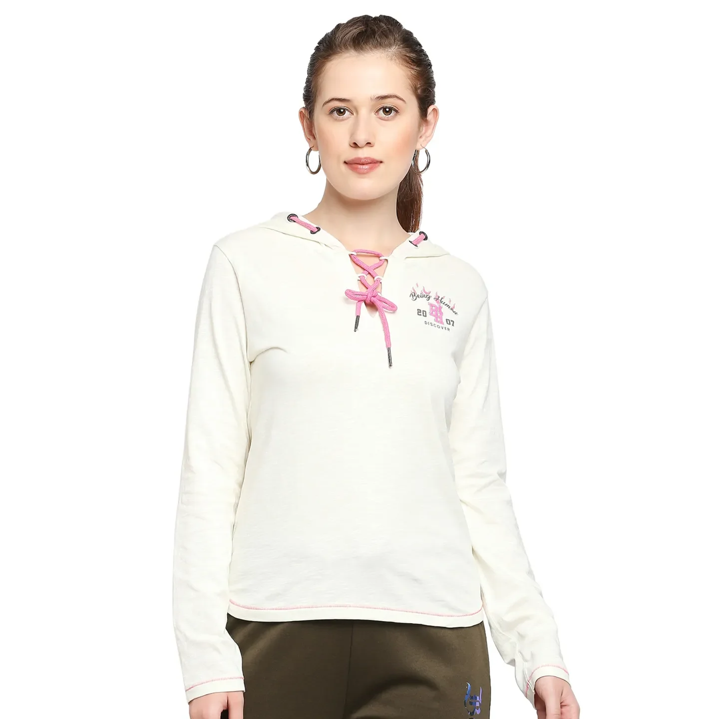 White Easy Fit  Long Sleeves Cotton Women's T-Shirt by Being Human Clothing