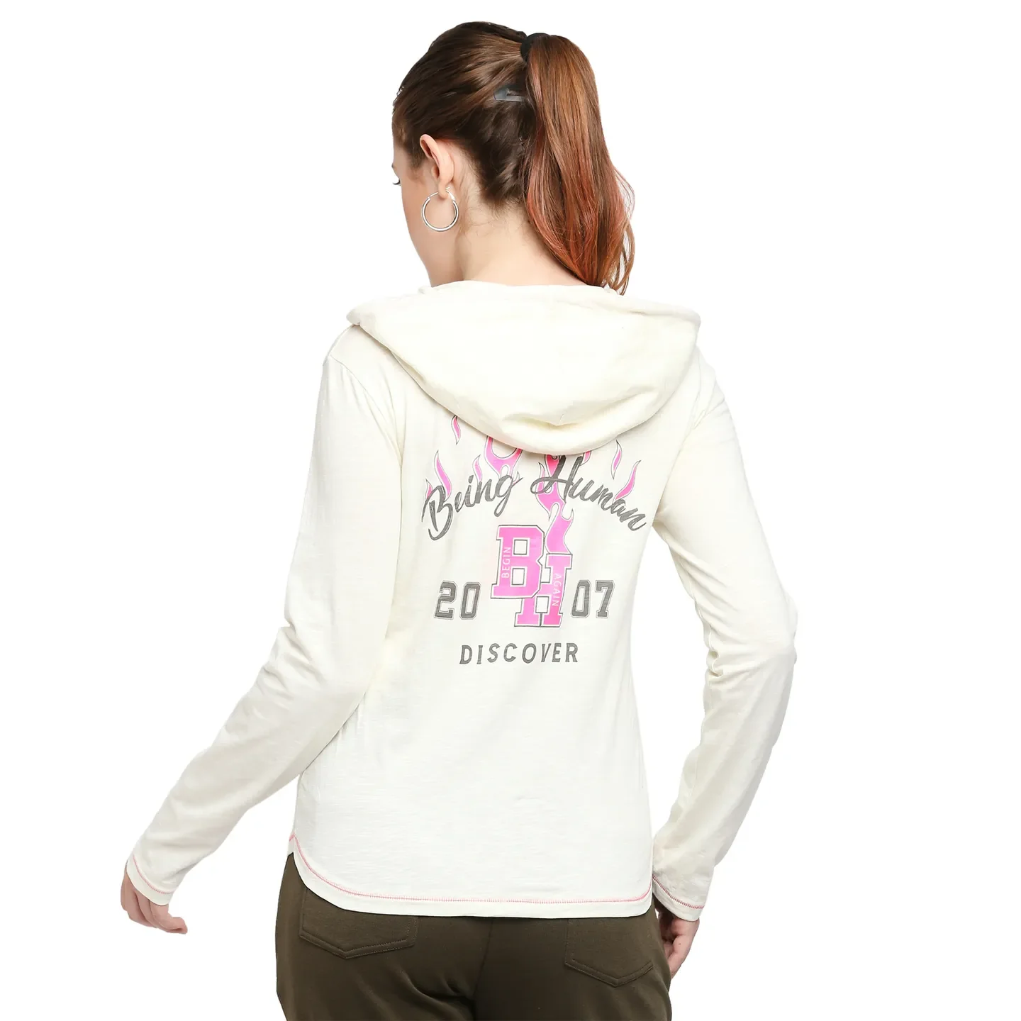 White Easy Fit  Long Sleeves Cotton Women's T-Shirt by Being Human Clothing - Image 4