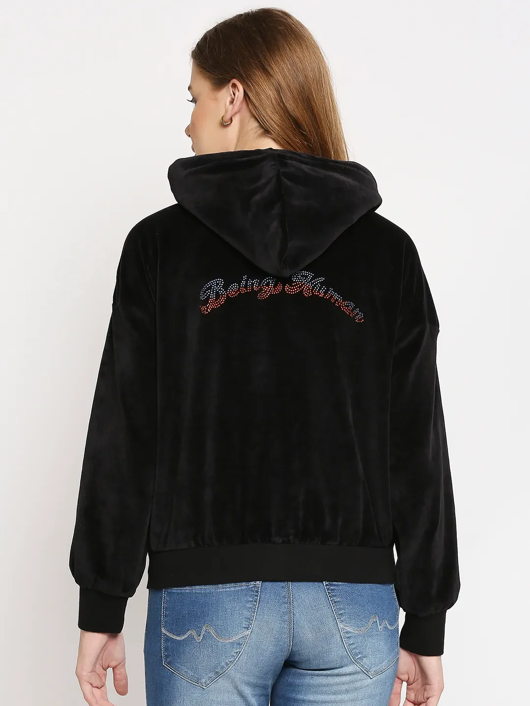 Black Semi Fit  Long Sleeves Cotton Women's Hoodie by Being Human Clothing - Image 5