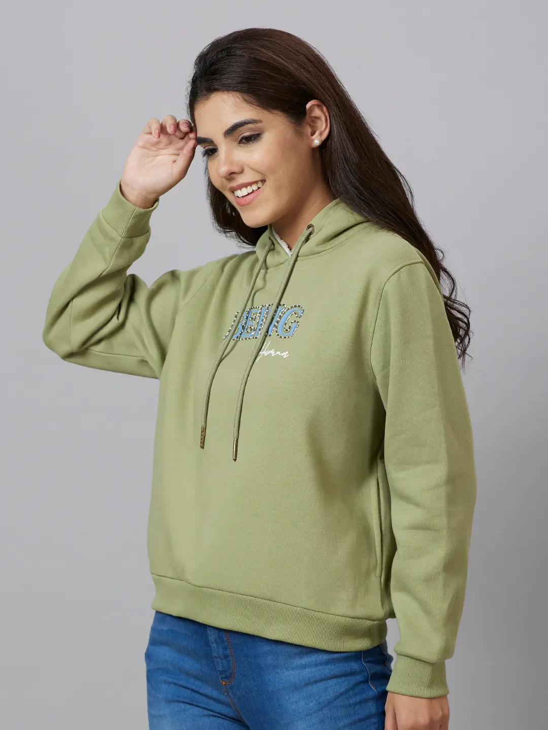 Mint Green Semi Fit Women's Cotton Blend Hoodie By Being Human Clothing - Image 4
