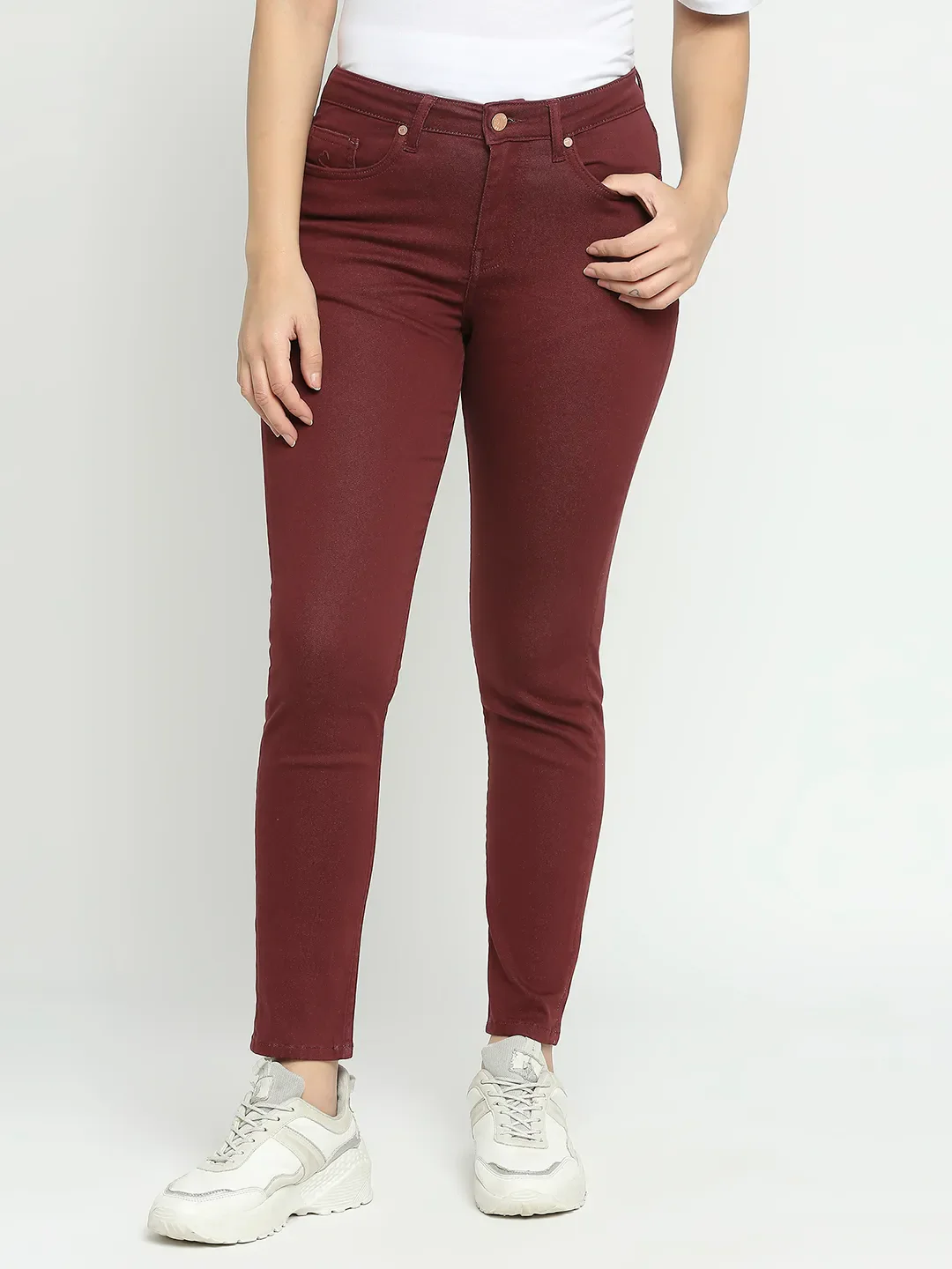 Red Mid Rise Skinny Fit Cotton Women's Denims by Being Human Clothing