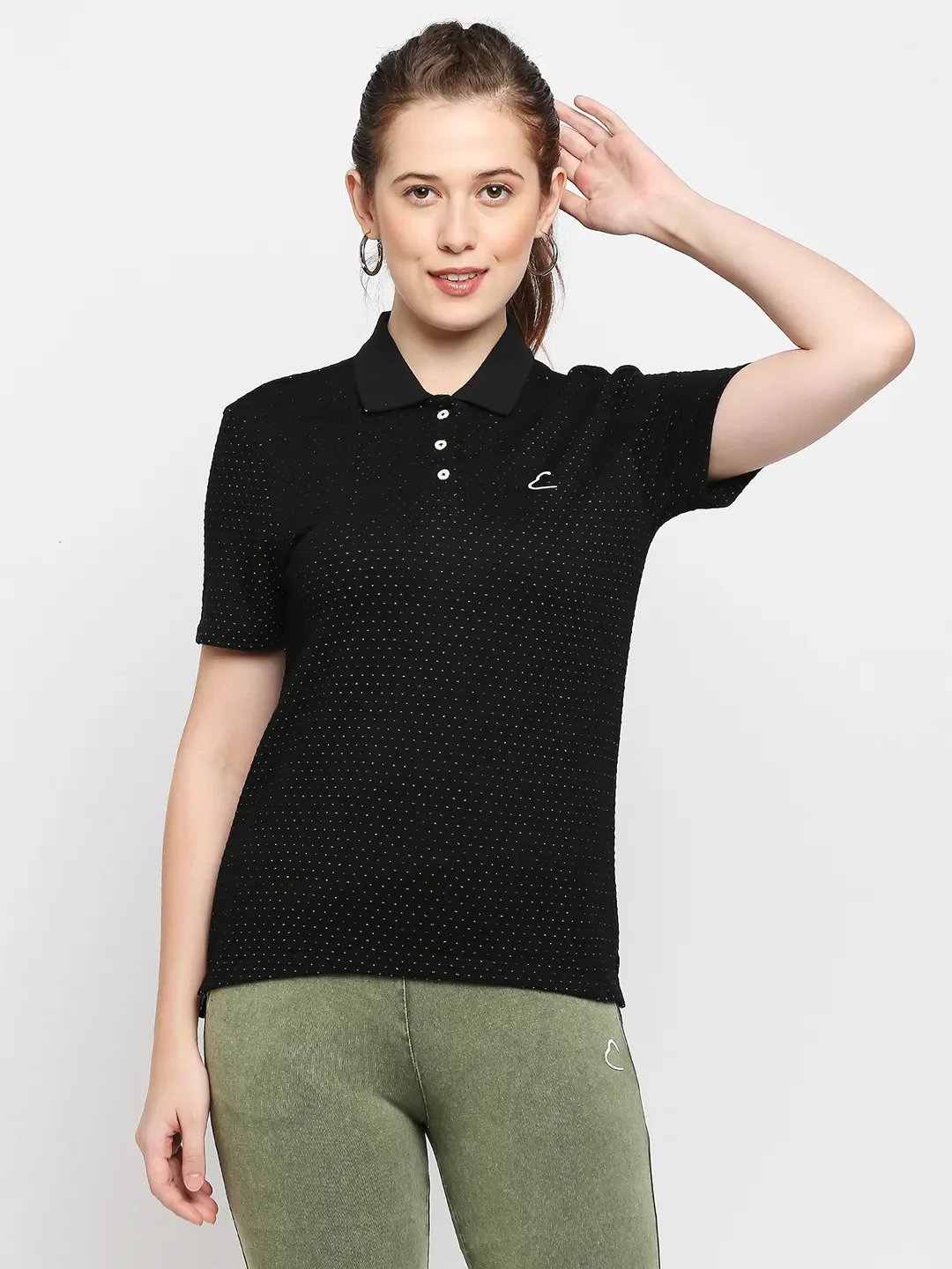 Black Semi Fit Polo Collar Short Sleeves Cotton Women's T-Shirt by Being Human Clothing