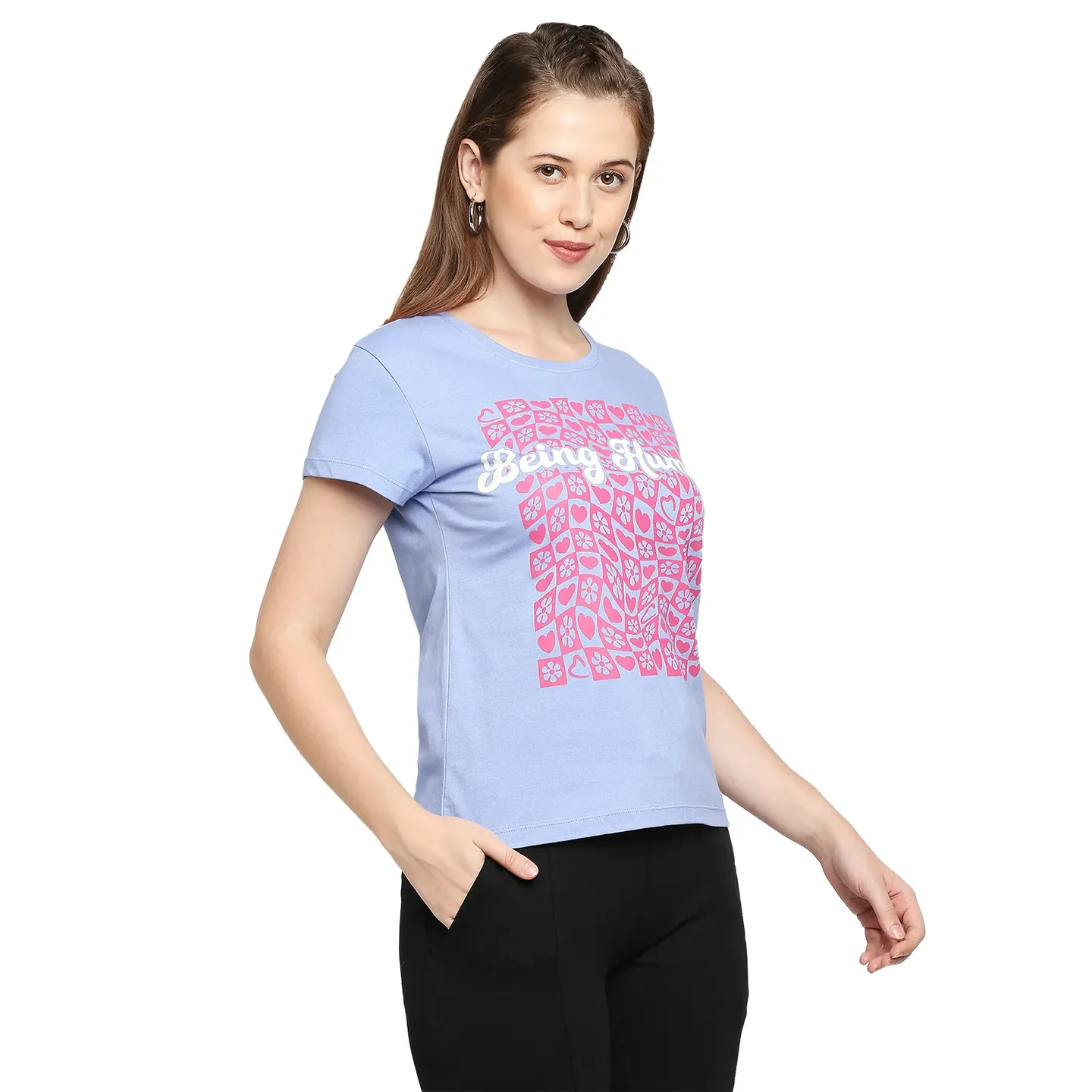 Blue Basic Fit Round Neck Short Sleeves Cotton Women's T-Shirt by Being Human Clothing - Image 3