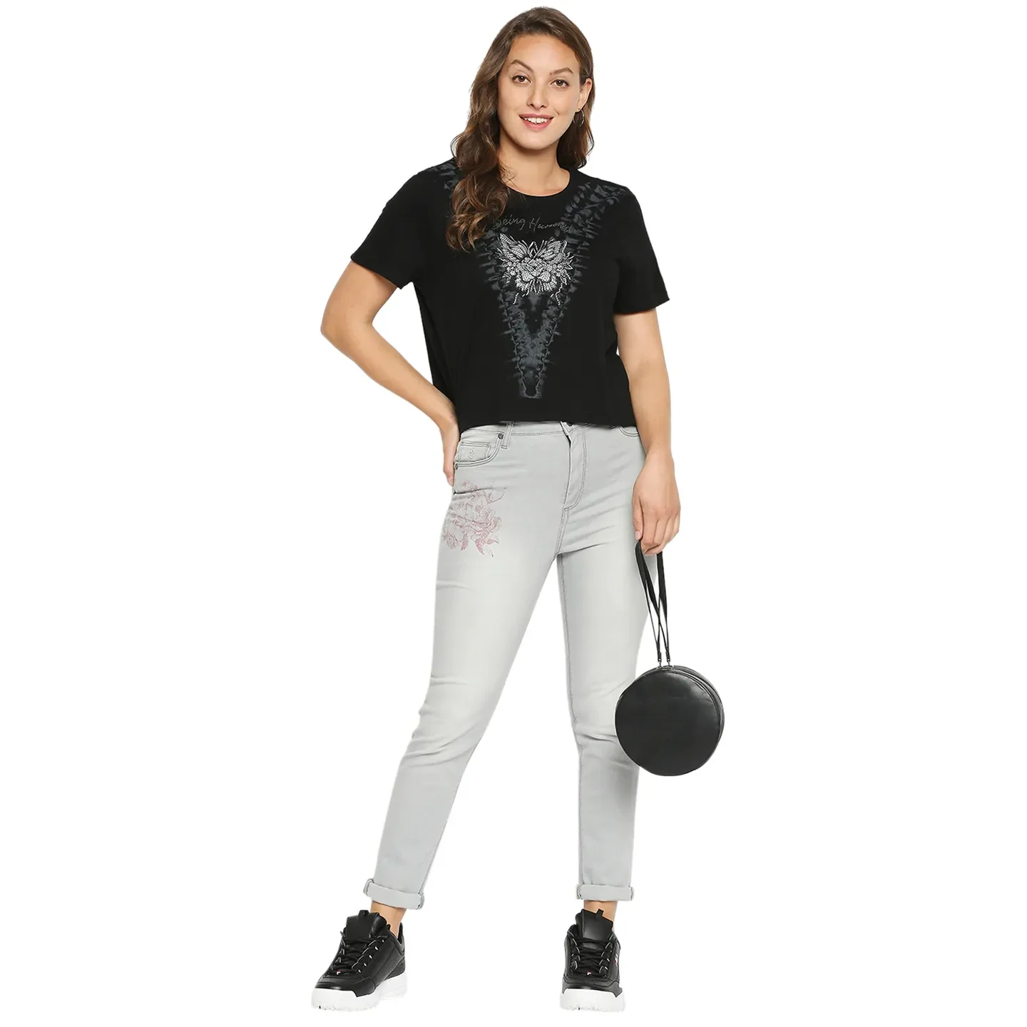 Black Basic Boxy Fit Round Neck Drop Shoulder Sleeves Cotton Women's T-Shirt by Being Human Clothing - Image 5