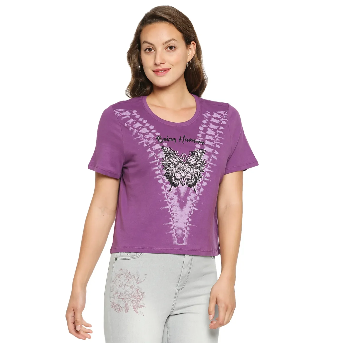 Purple Basic Boxy Fit Round Neck Drop Shoulder Sleeves Cotton Women's T-Shirt by Being Human Clothing - Image 4