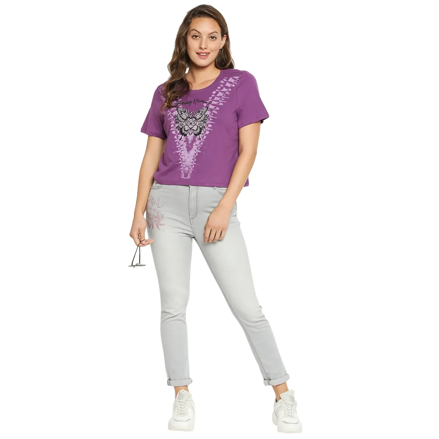 Purple Basic Boxy Fit Round Neck Drop Shoulder Sleeves Cotton Women's T-Shirt by Being Human Clothing - Image 5