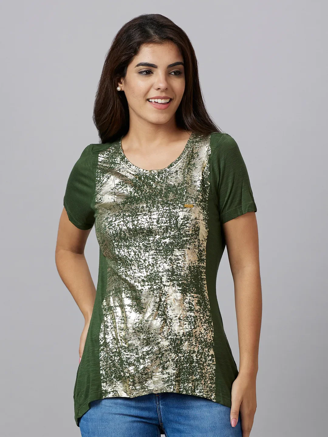 Green Basic Fit Round Neck Short Sleeves Viscose Women's T-Shirt by Being Human Clothing