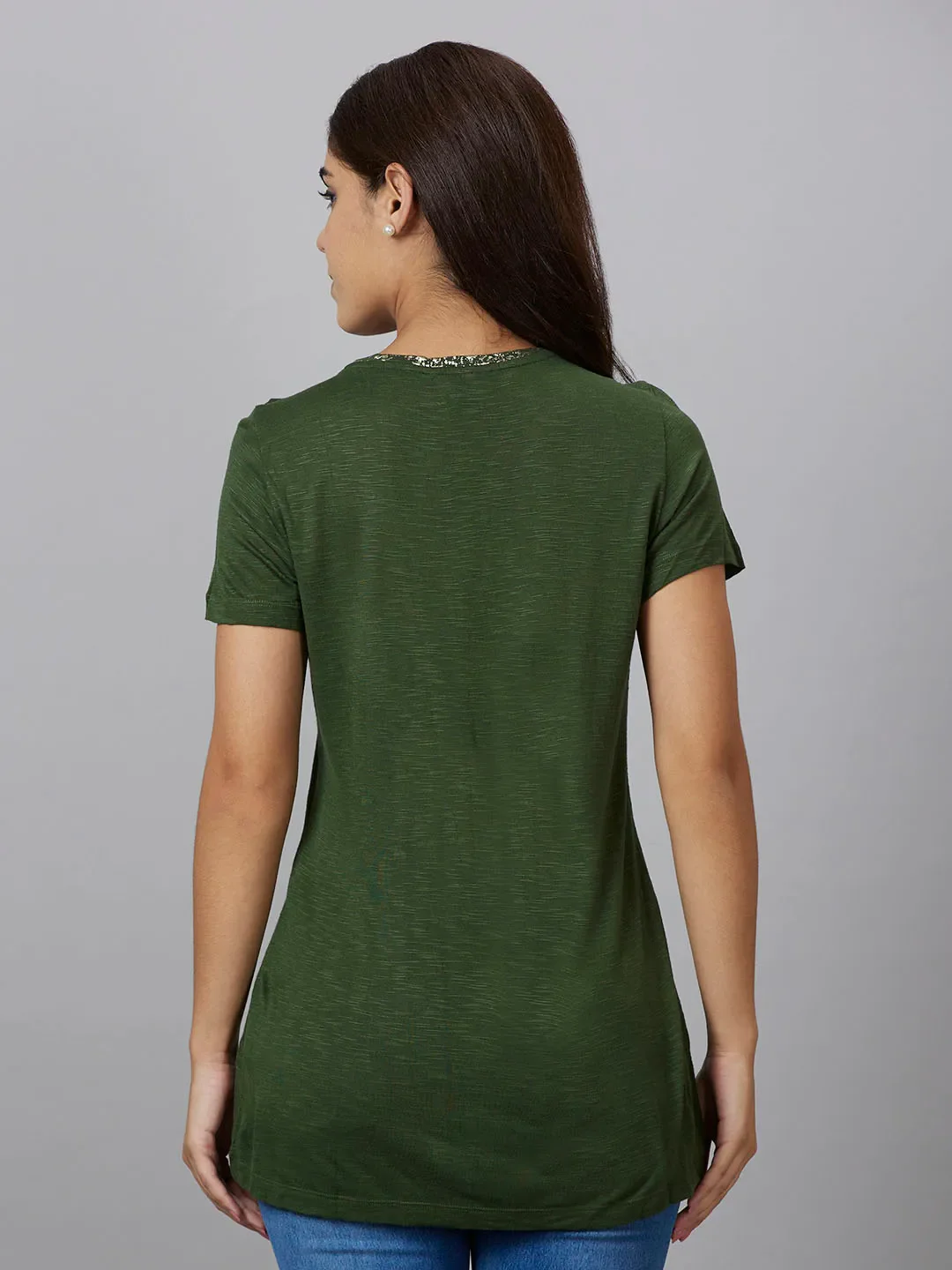 Green Basic Fit Round Neck Short Sleeves Viscose Women's T-Shirt by Being Human Clothing - Image 3