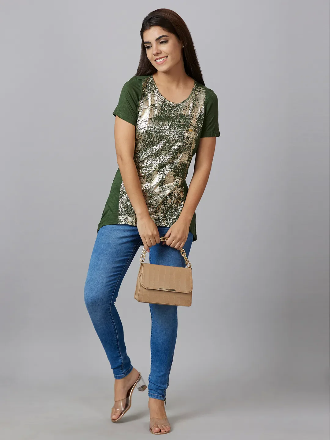 Green Basic Fit Round Neck Short Sleeves Viscose Women's T-Shirt by Being Human Clothing - Image 6