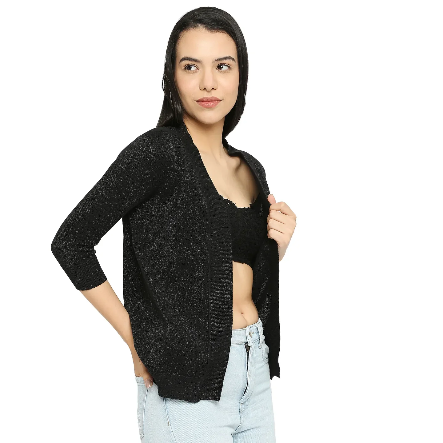 Black & Black Lurex Solid Full Sleeve Open Front Women's Shrug By Being Human Clothing - Image 3