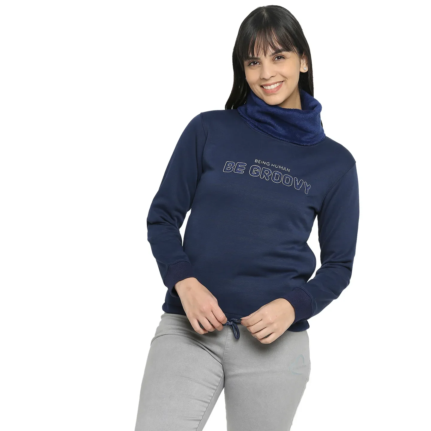 Blue Regular Fit Cowl Neck Long Sleeves Women's Sweatshirt by Being Human Clothing