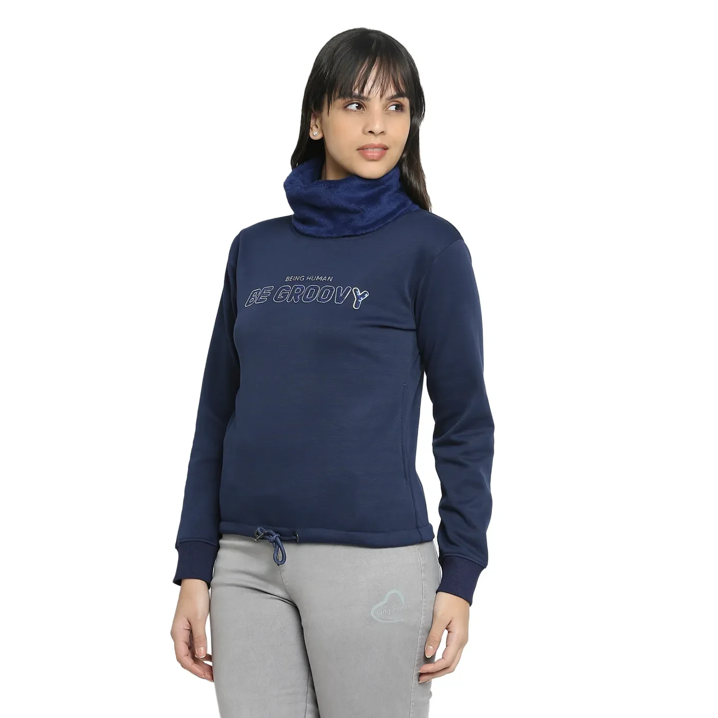 Blue Regular Fit Cowl Neck Long Sleeves Women's Sweatshirt by Being Human Clothing - Image 2