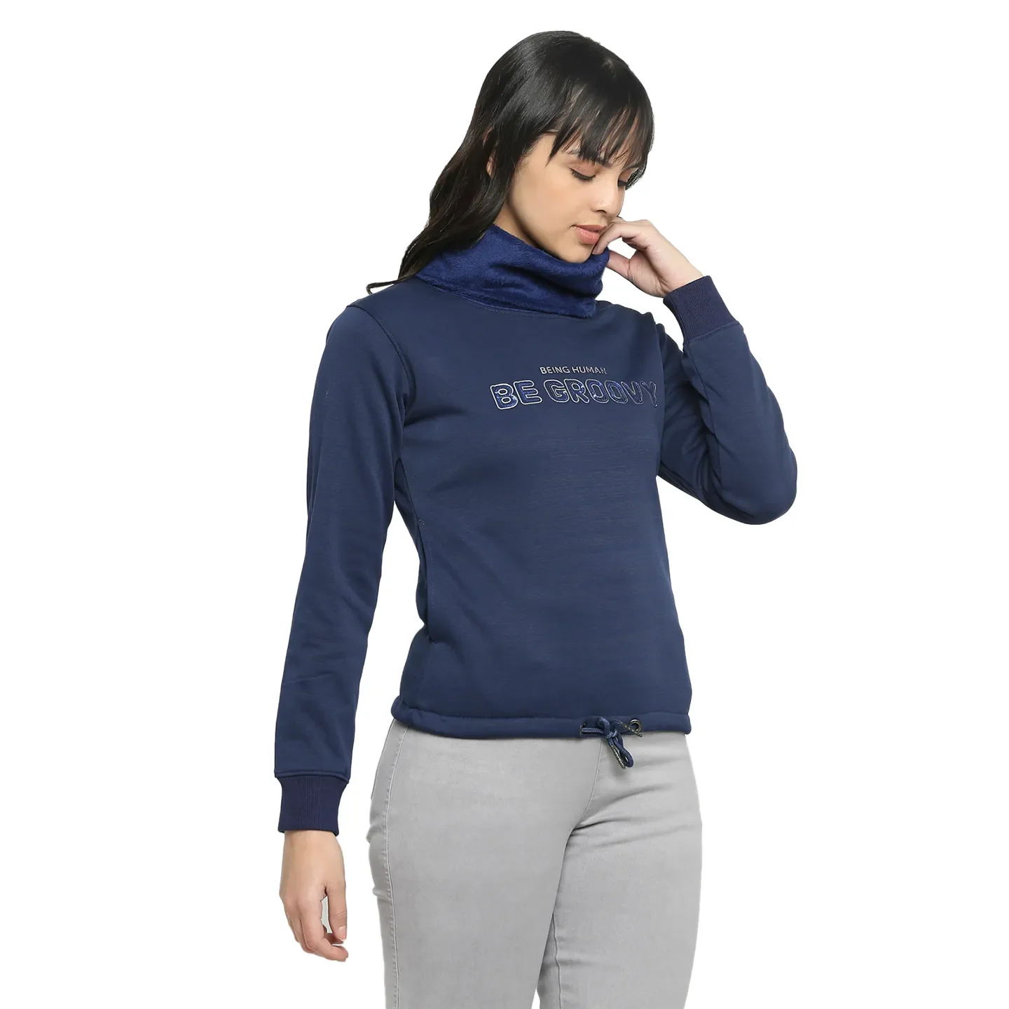 Blue Regular Fit Cowl Neck Long Sleeves Women's Sweatshirt by Being Human Clothing - Image 3