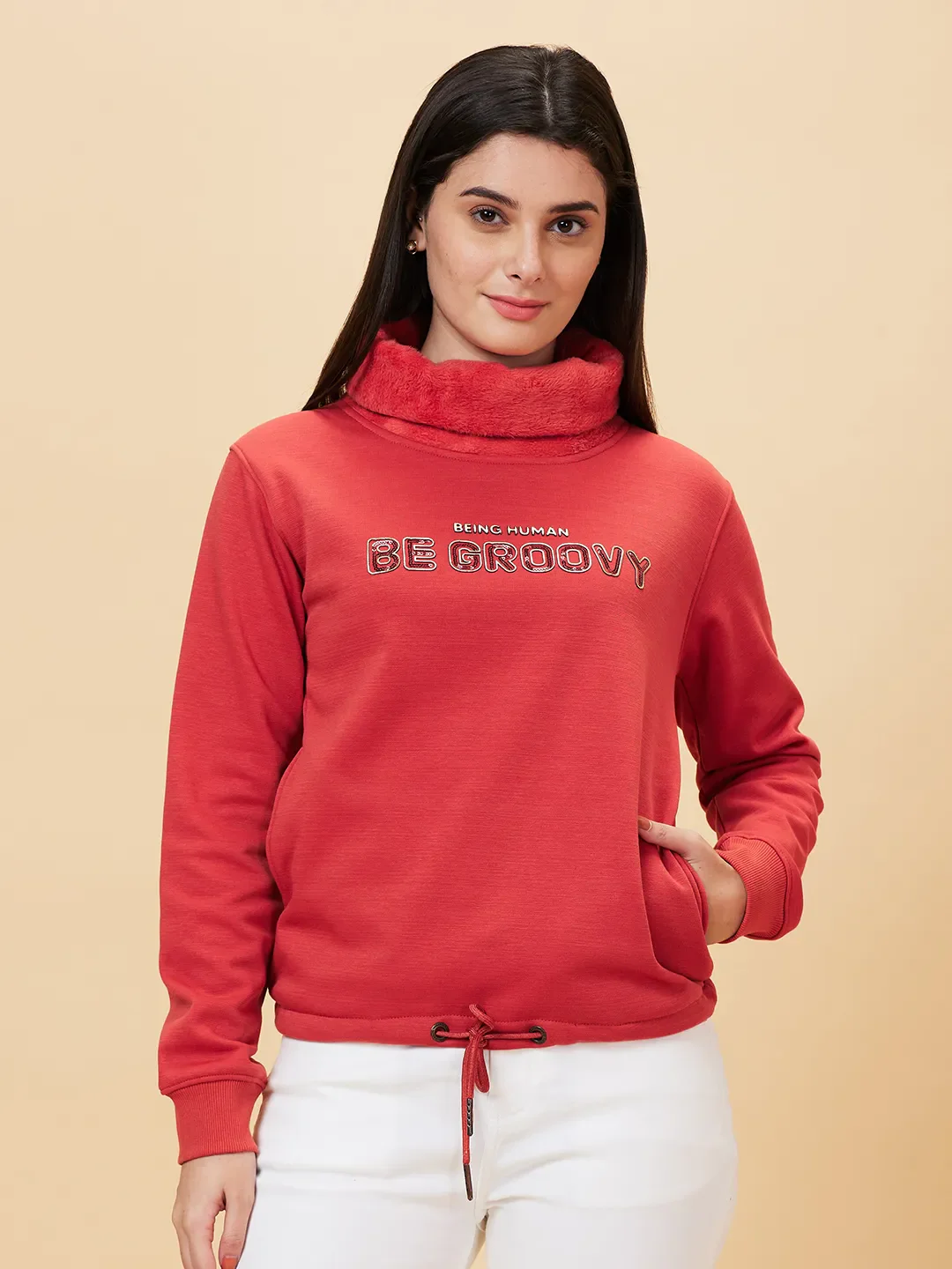 Orange Regular Fit Cowl Neck Long Sleeves Women's Sweatshirt by Being Human Clothing
