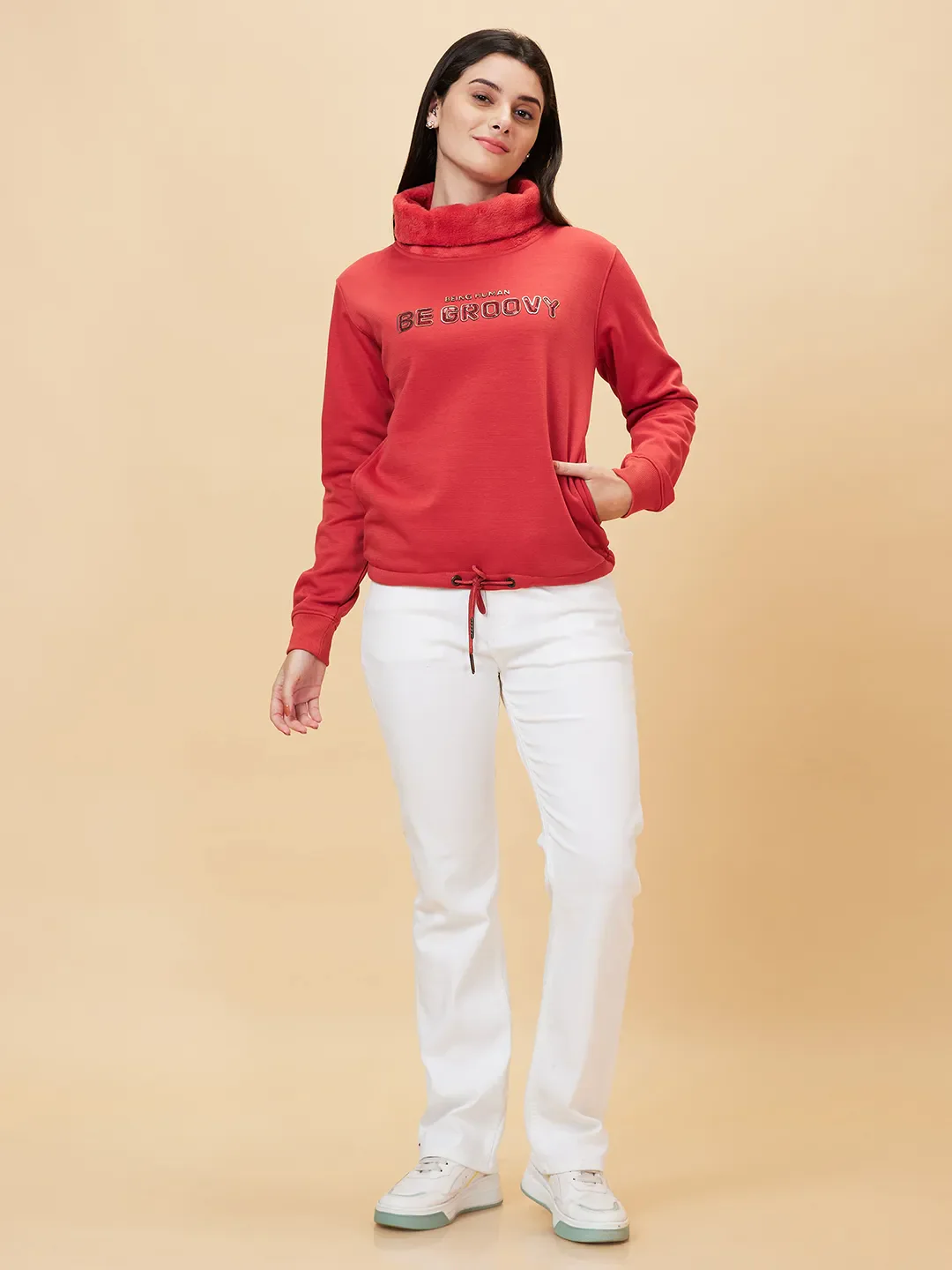 Orange Regular Fit Cowl Neck Long Sleeves Women's Sweatshirt by Being Human Clothing - Image 2