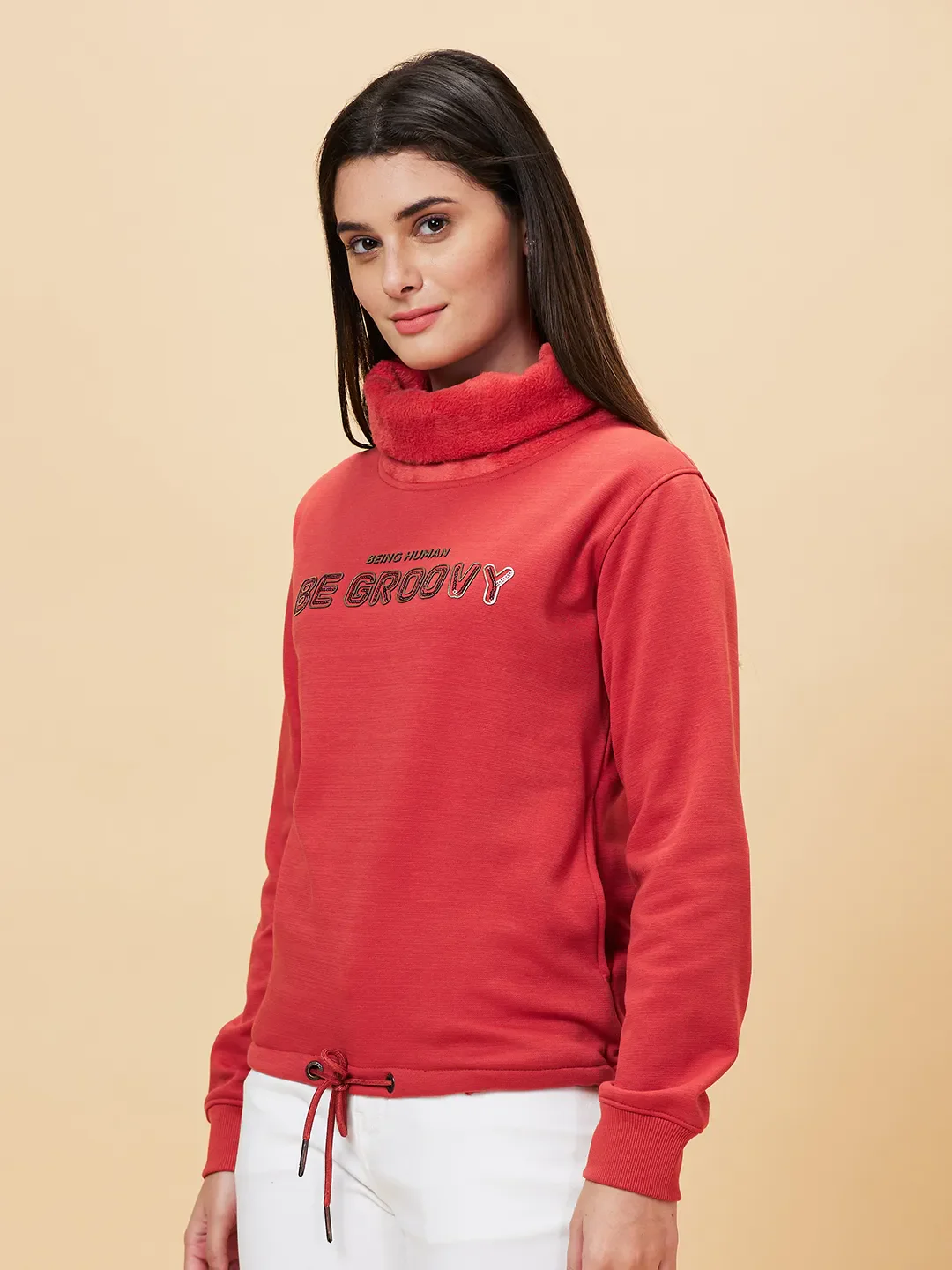Orange Regular Fit Cowl Neck Long Sleeves Women's Sweatshirt by Being Human Clothing - Image 4