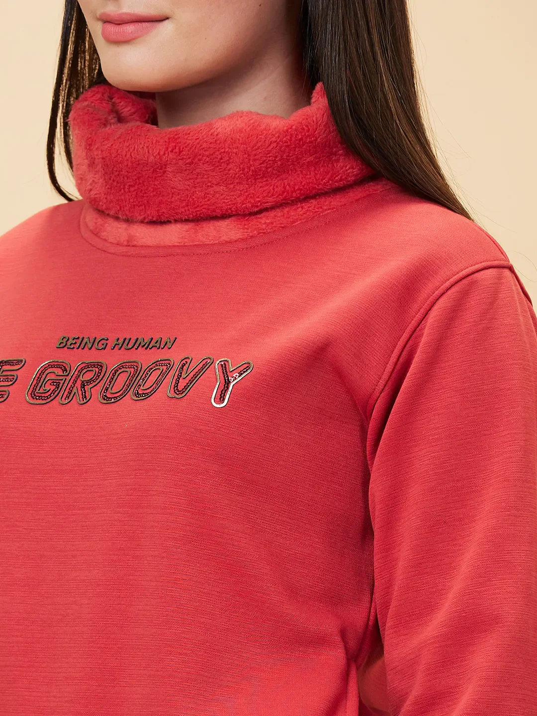 Orange Regular Fit Cowl Neck Long Sleeves Women's Sweatshirt by Being Human Clothing - Image 5