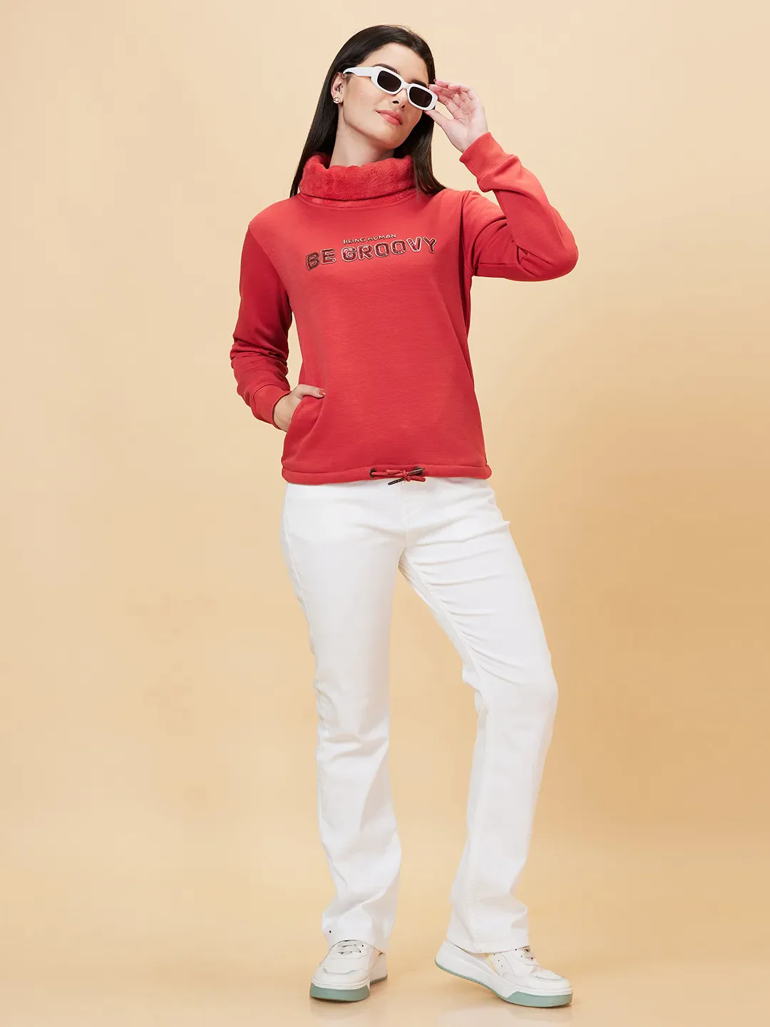 Orange Regular Fit Cowl Neck Long Sleeves Women's Sweatshirt by Being Human Clothing - Image 6