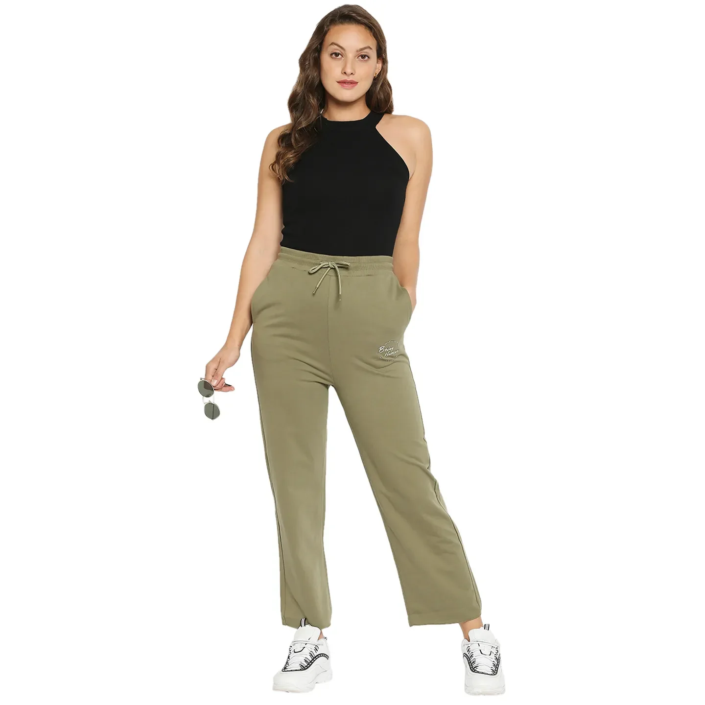Olive Mid Rise Regular Fit Cotton Women's Track Pants by Being Human Clothing