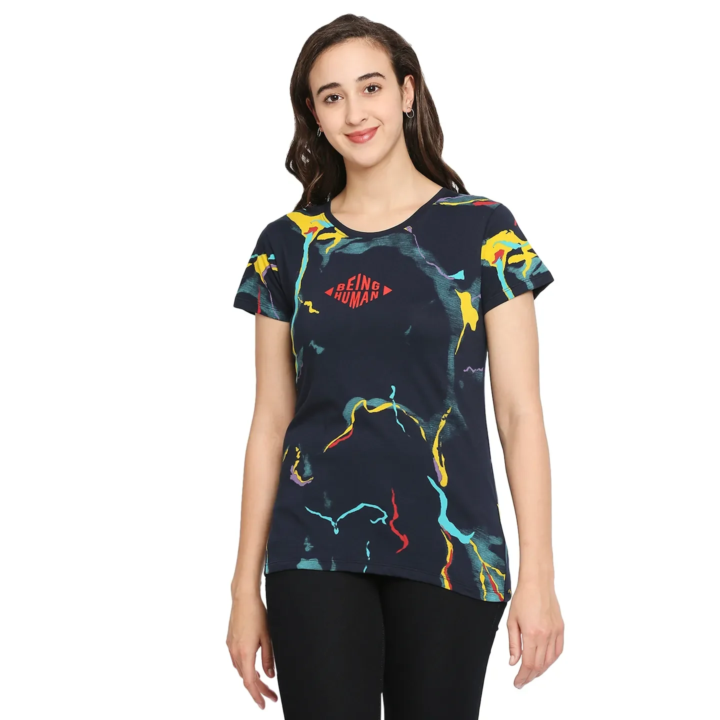 Blue Relax Fit Round Neck Short Sleeves Cotton Women's T-Shirt by Being Human Clothing