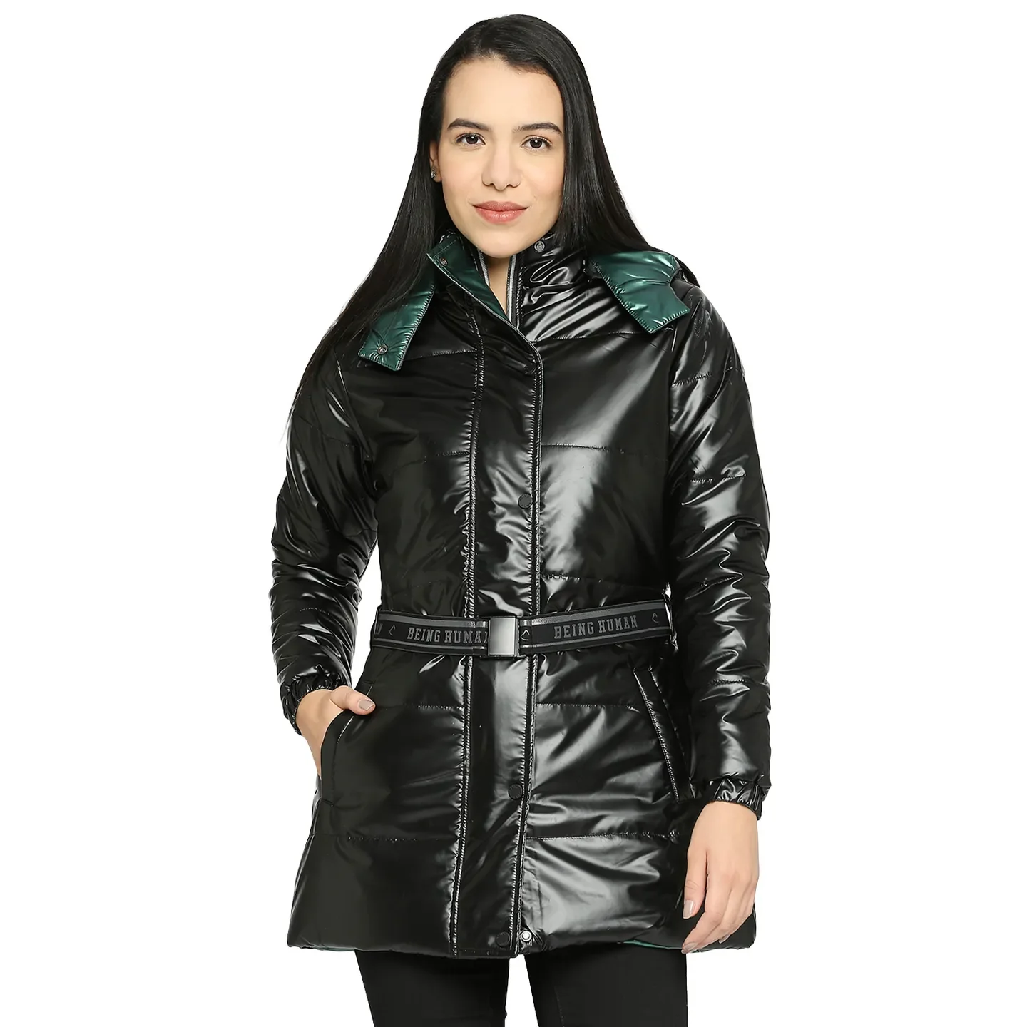 Dark Green Reversible Regular Fit Long Sleeve Women's Puffer Jacket By Being Human Clothing