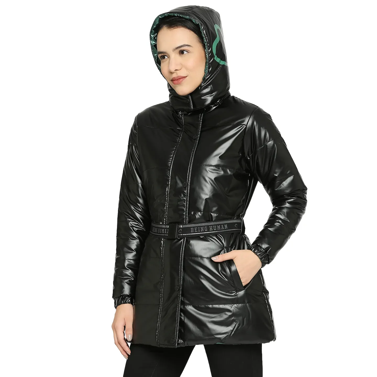Dark Green Reversible Regular Fit Long Sleeve Women's Puffer Jacket By Being Human Clothing - Image 2