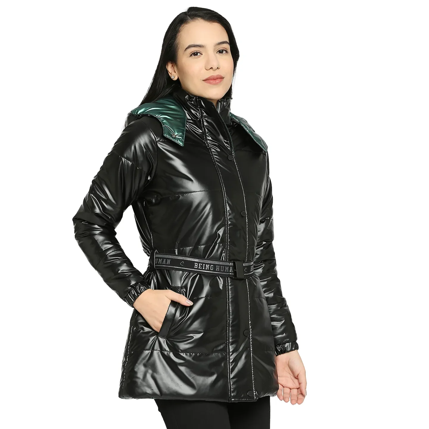 Dark Green Reversible Regular Fit Long Sleeve Women's Puffer Jacket By Being Human Clothing - Image 3