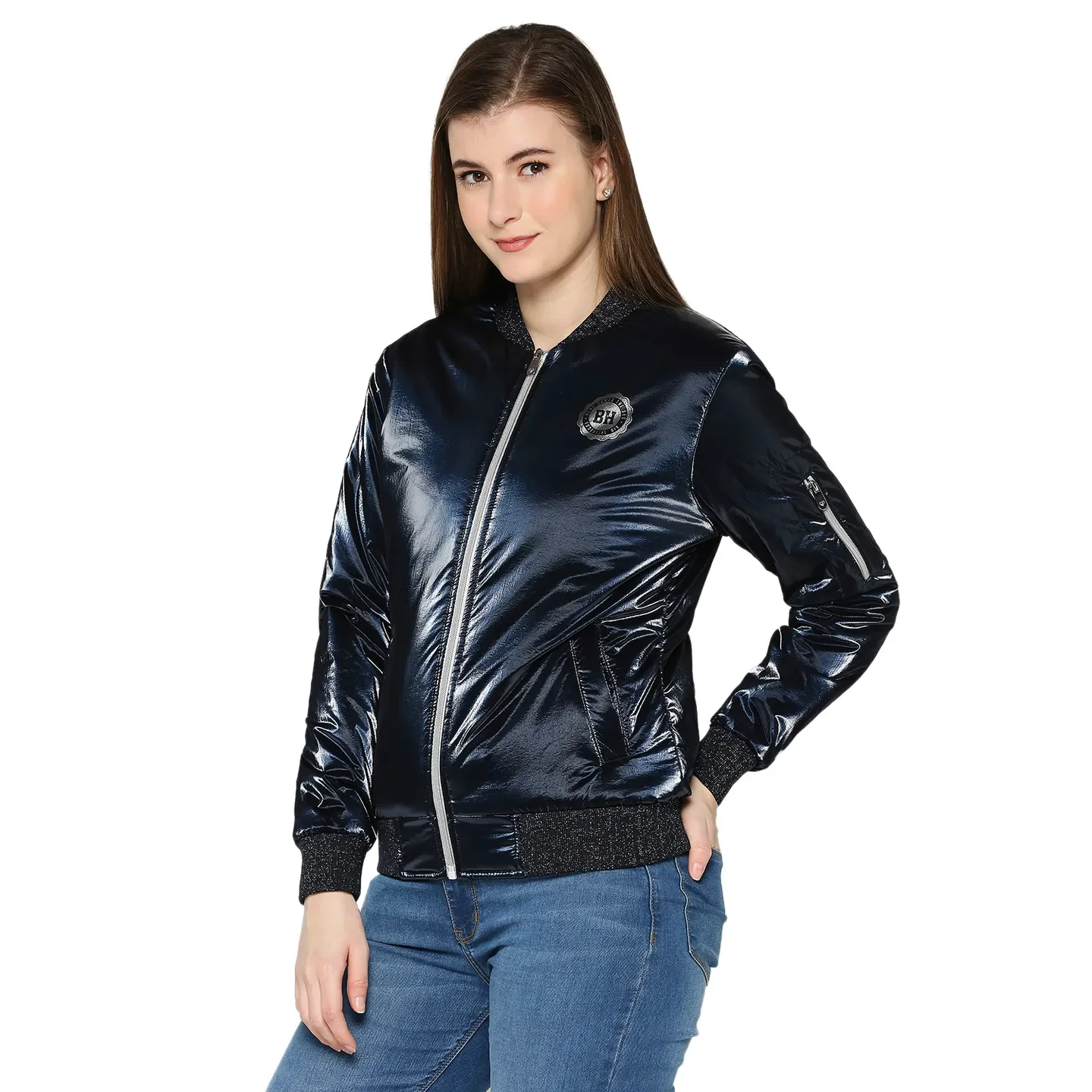 Blue Semi Fit High Neck Long Sleeves Women's Jacket by Being Human Clothing - Image 2
