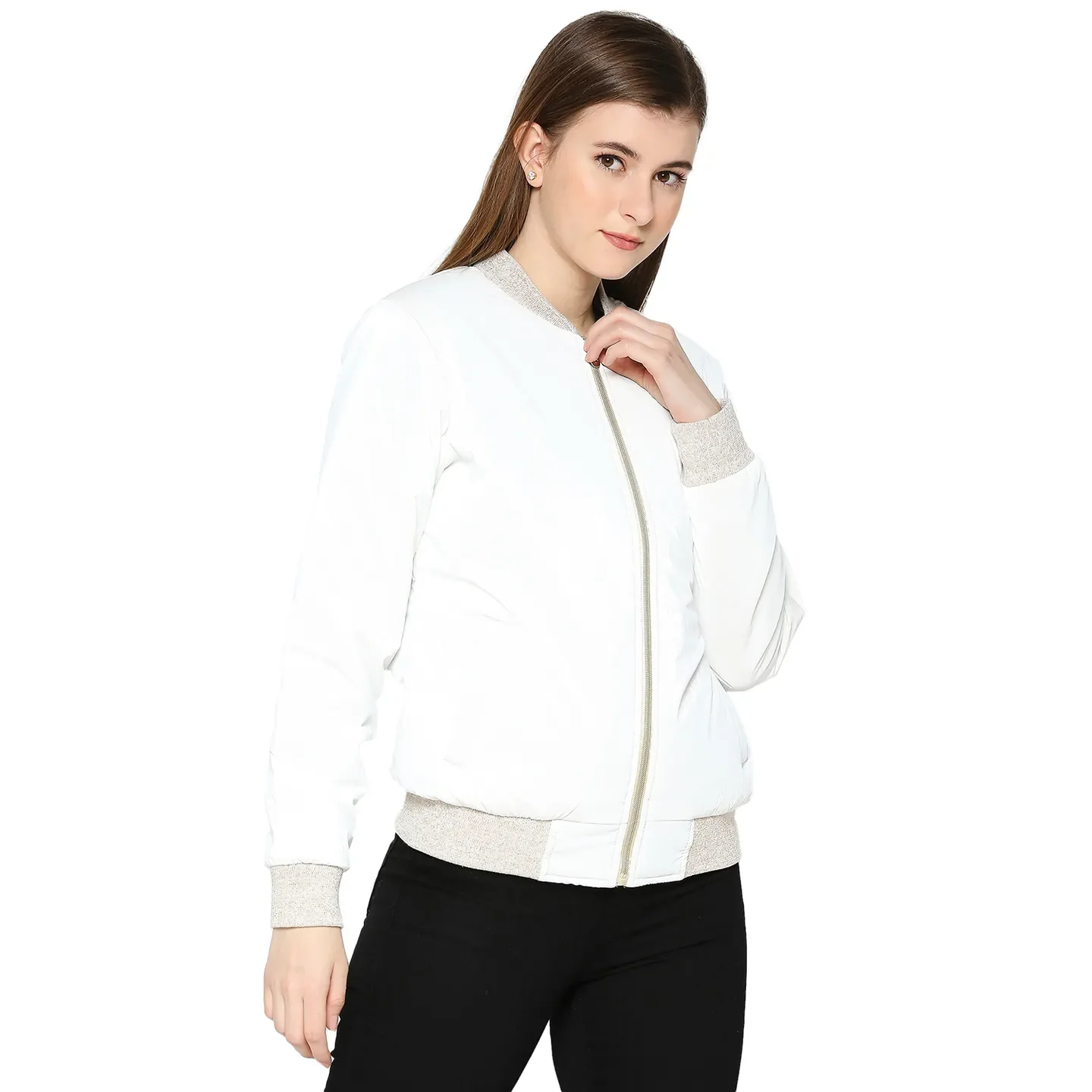 White Semi Fit High Neck Long Sleeves Women's Jacket by Being Human Clothing