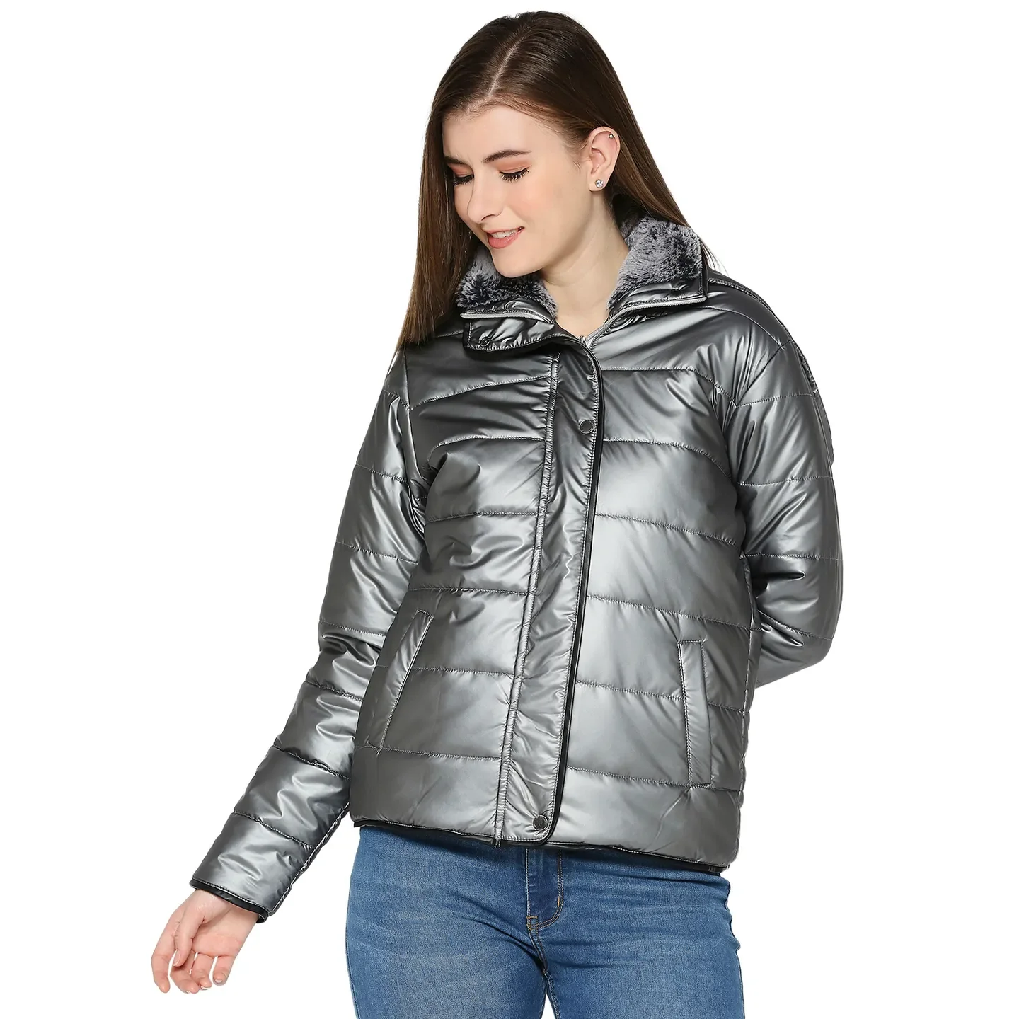 Grey Semi Fit High Neck Long Sleeves Women's Jacket by Being Human Clothing