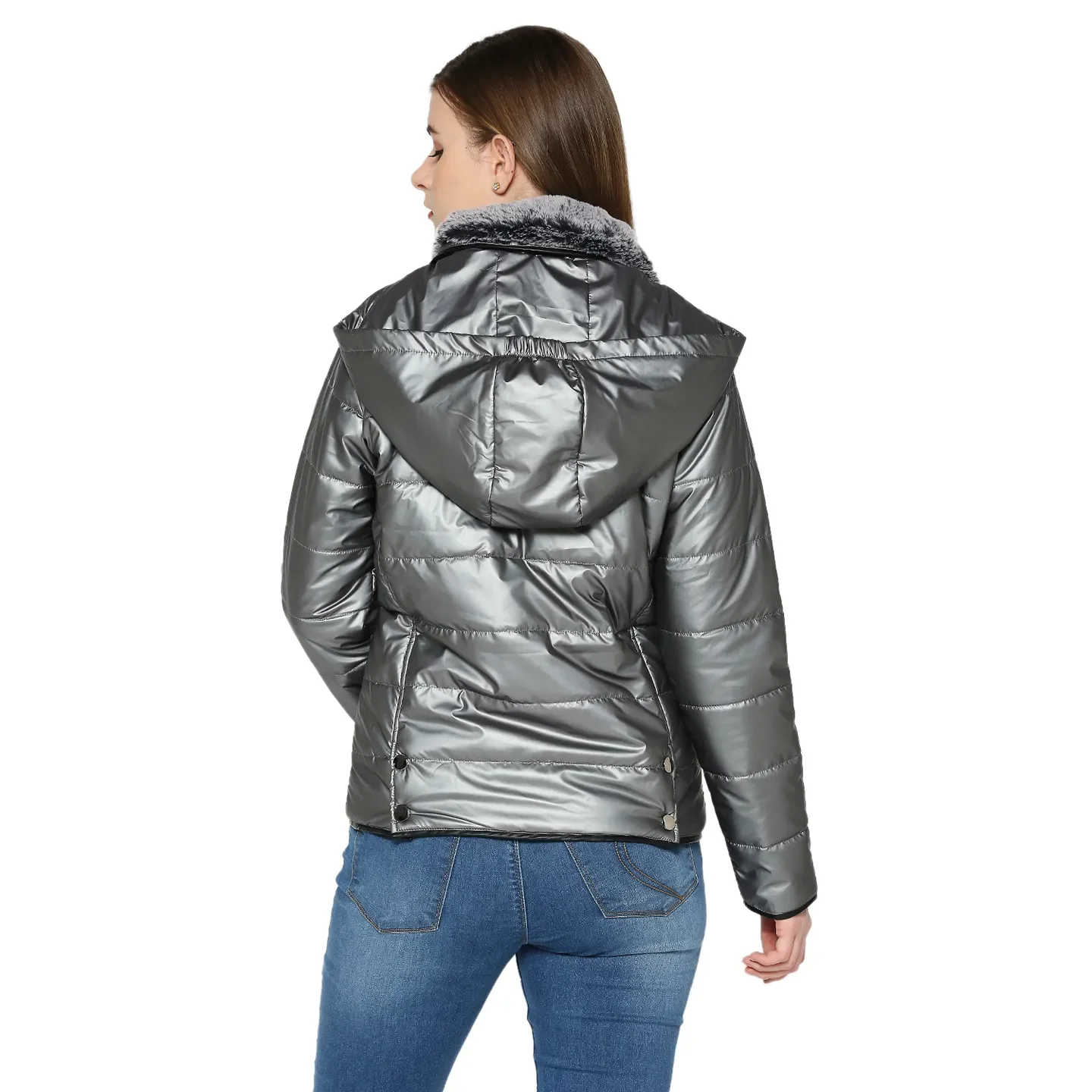 Grey Semi Fit High Neck Long Sleeves Women's Jacket by Being Human Clothing - Image 4