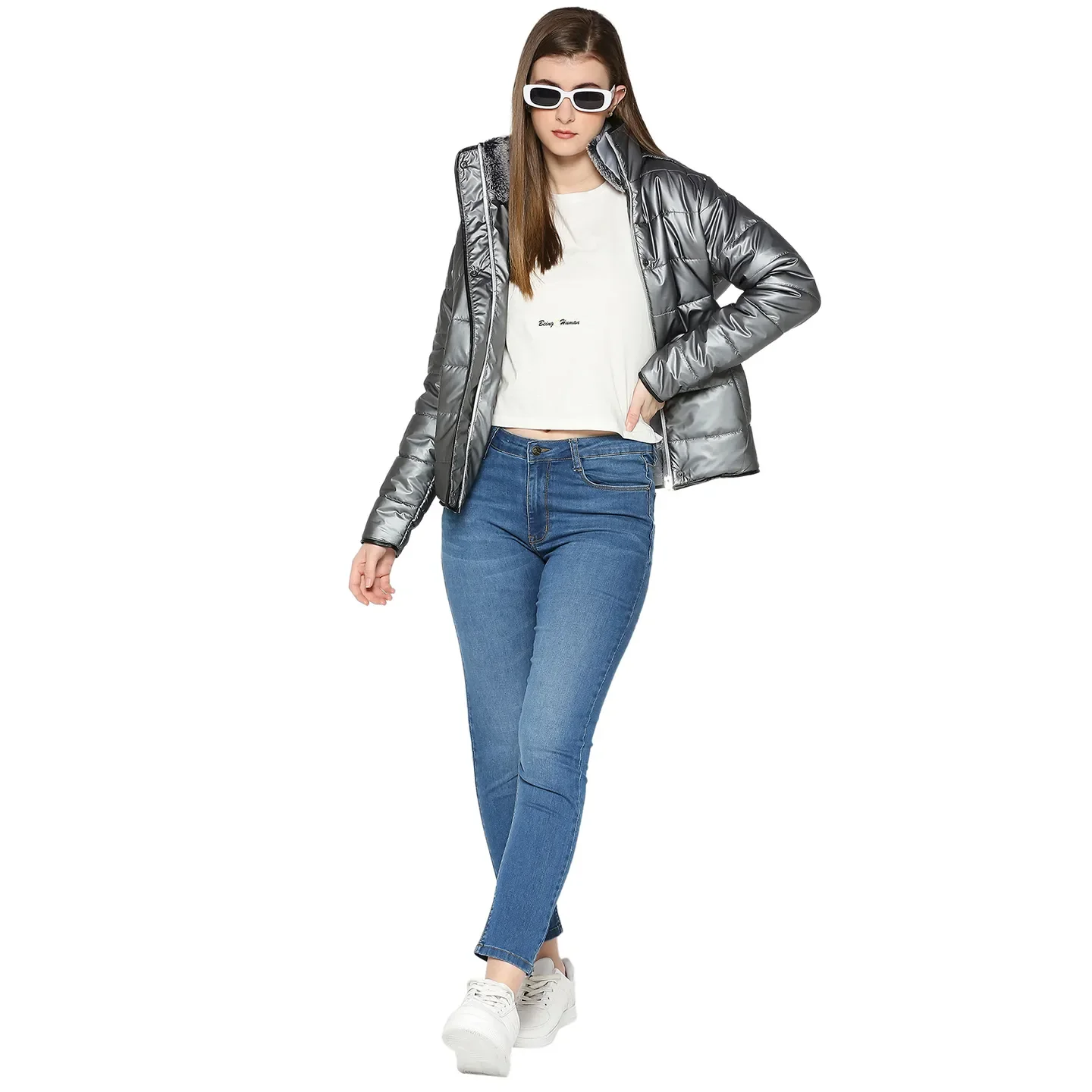 Grey Semi Fit High Neck Long Sleeves Women's Jacket by Being Human Clothing - Image 6