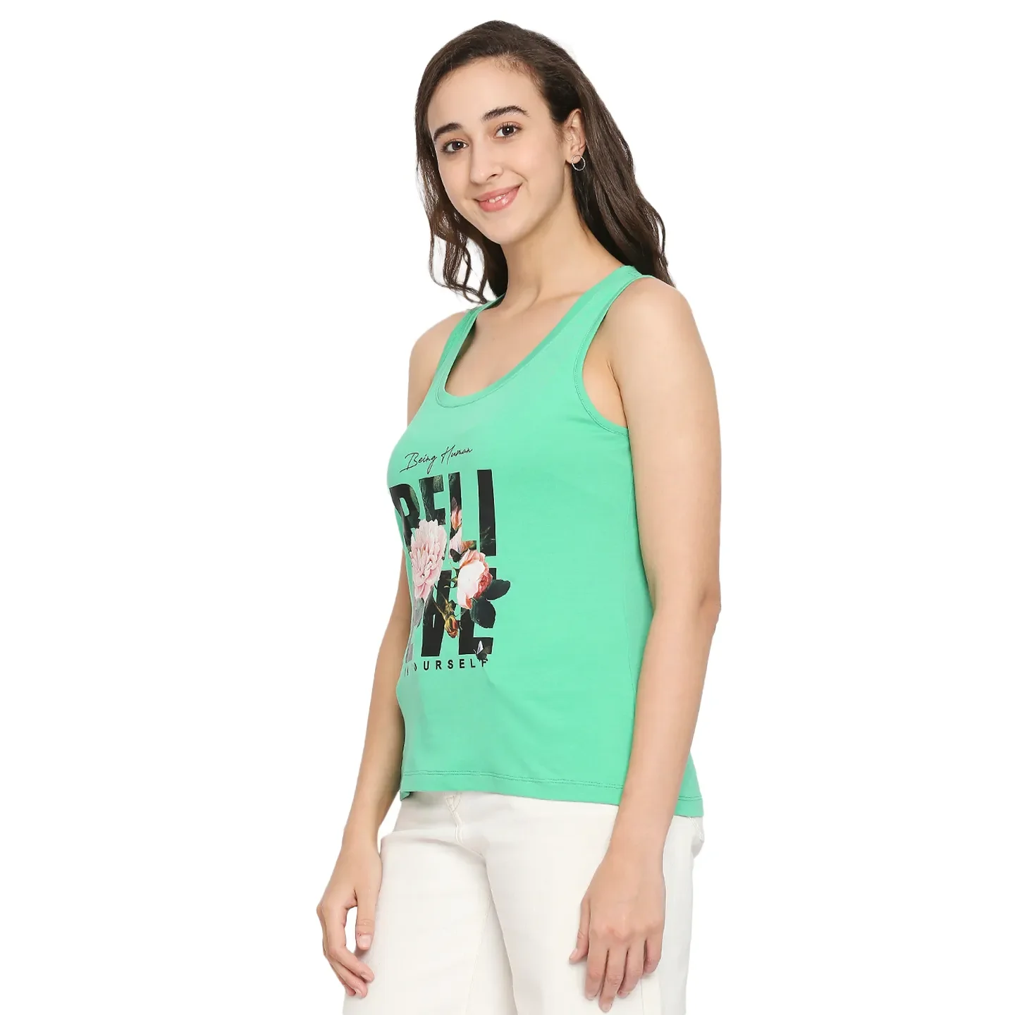 Green Semi Fit Women's Cotton Tank Top By Being Human Clothing - Image 2