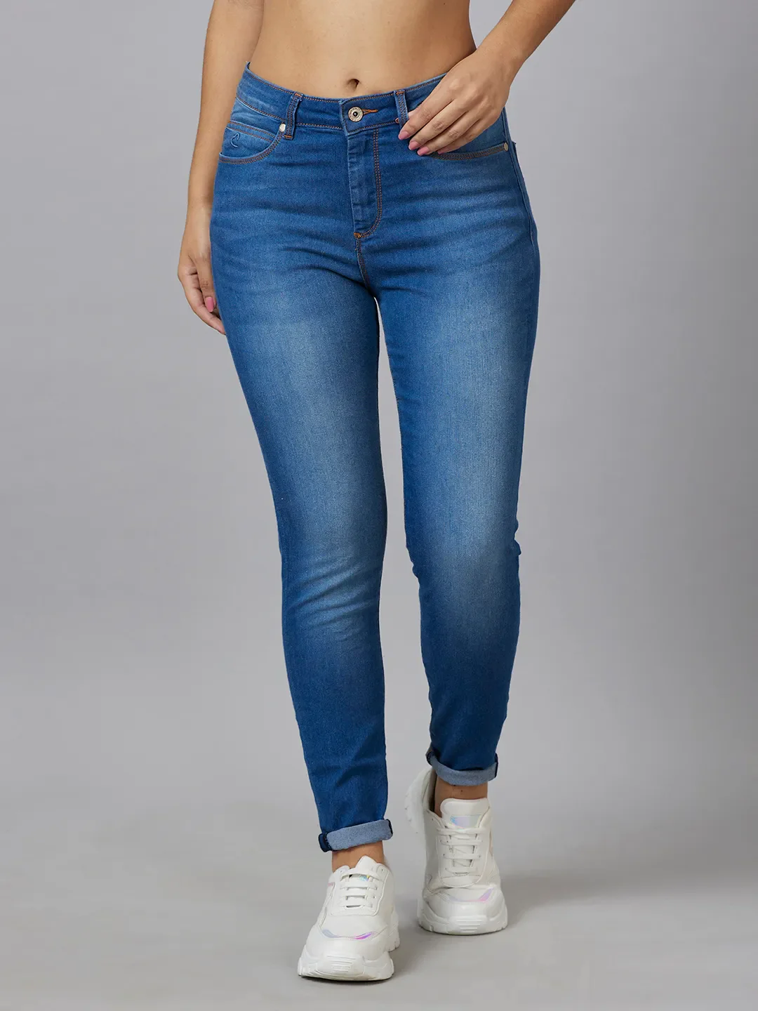 Blue Mid Rise Skinny Fit Cotton Women's Denims by Being Human Clothing