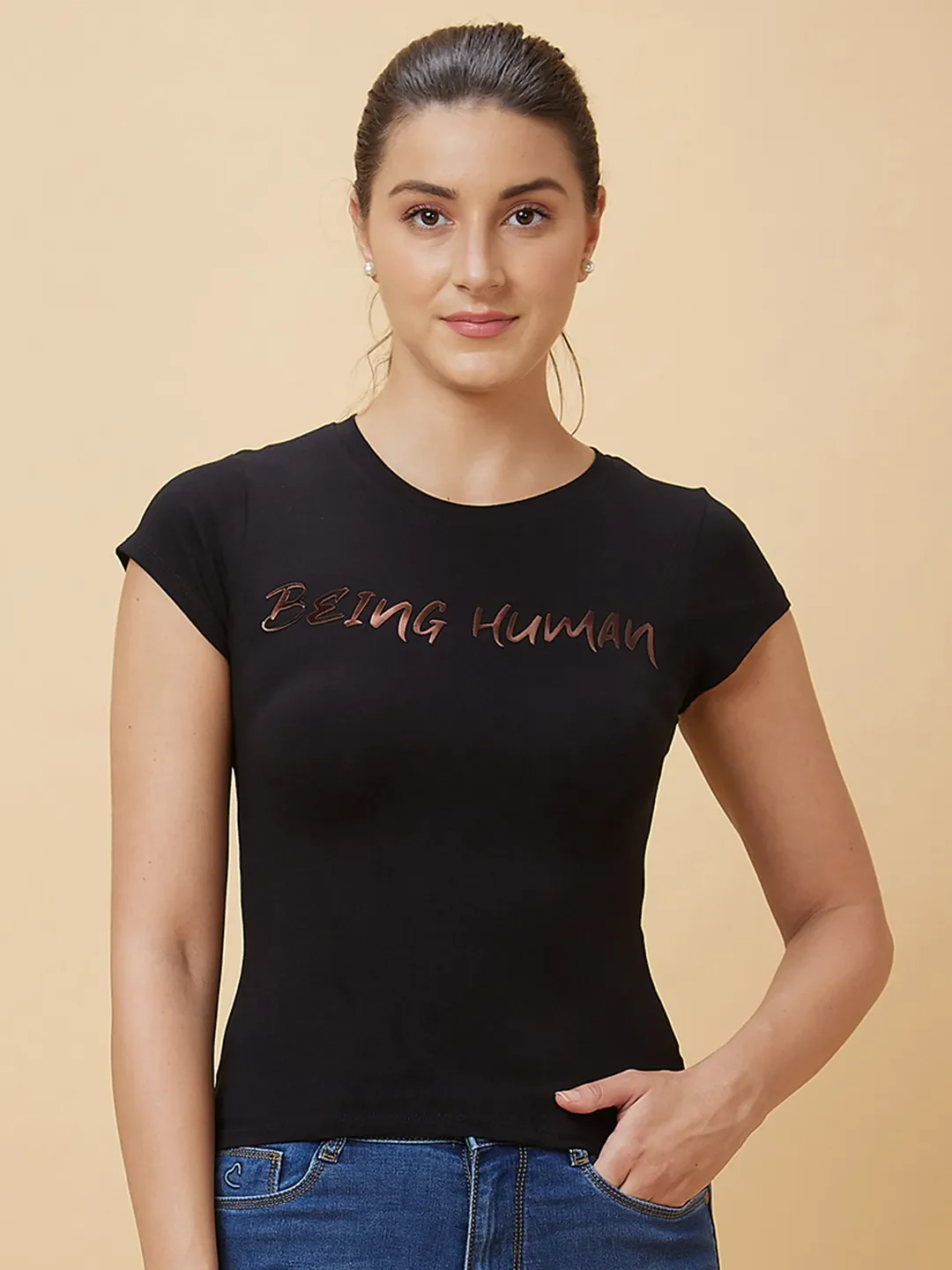 Black Slim Fit Women's Short Sleeve Cropped T-Shirt By Being Human Clothing