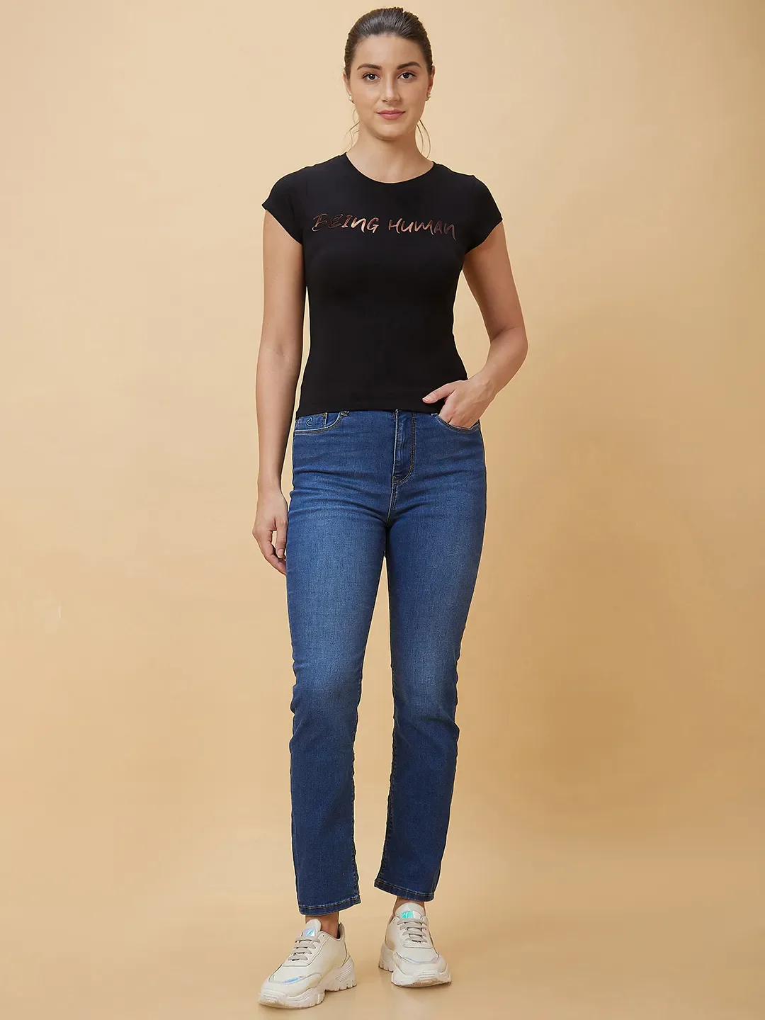 Black Slim Fit Women's Short Sleeve Cropped T-Shirt By Being Human Clothing - Image 2