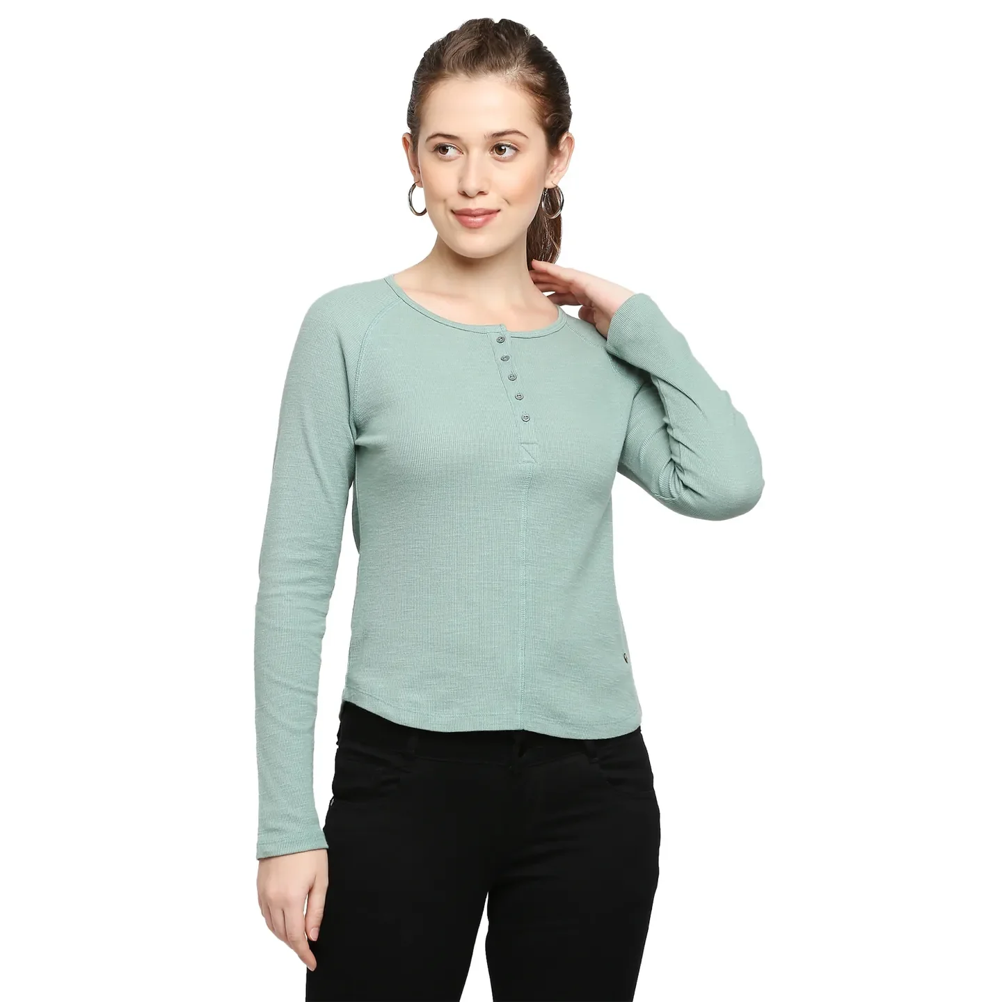 Green Slim Fit Round Neck Long Sleeves Cotton Women's T-Shirt by Being Human Clothing