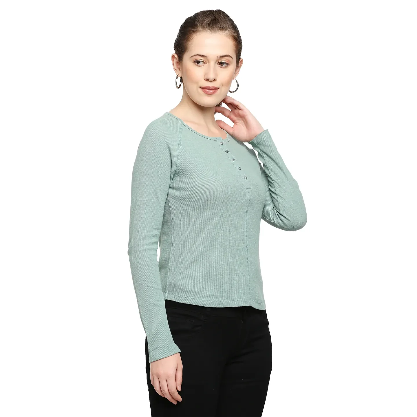 Green Slim Fit Round Neck Long Sleeves Cotton Women's T-Shirt by Being Human Clothing - Image 3